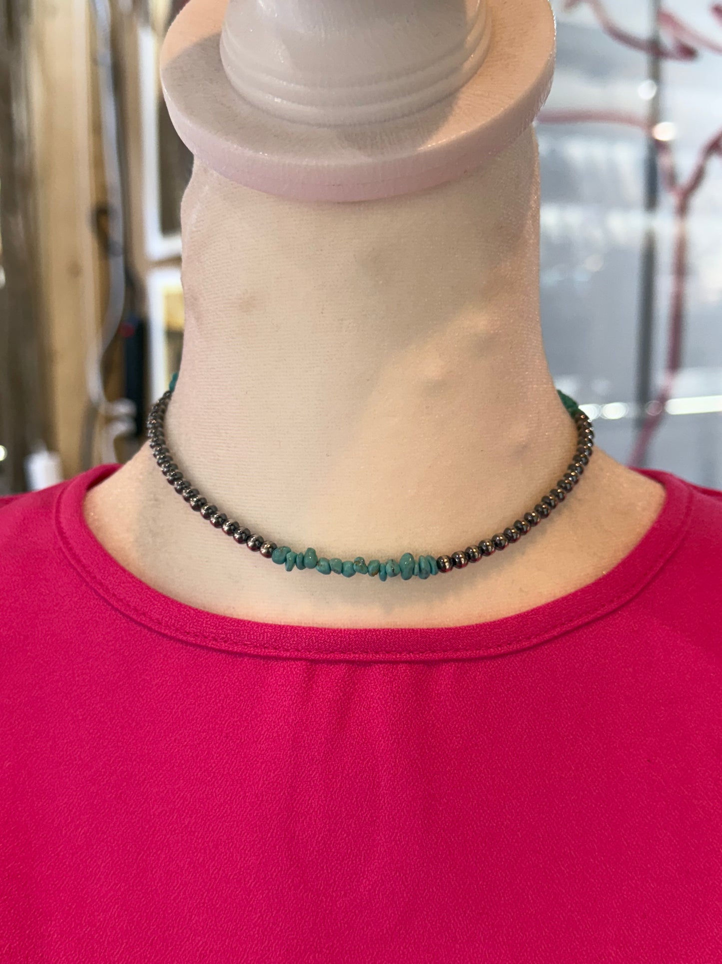 14" Necklace with 4mm Navajo Style Pearls with Chunky Turquoise