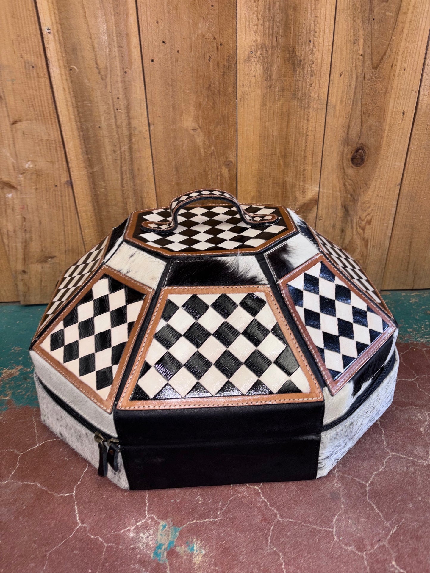 Black and White Checkered Cowhide Cowboy Hat Box