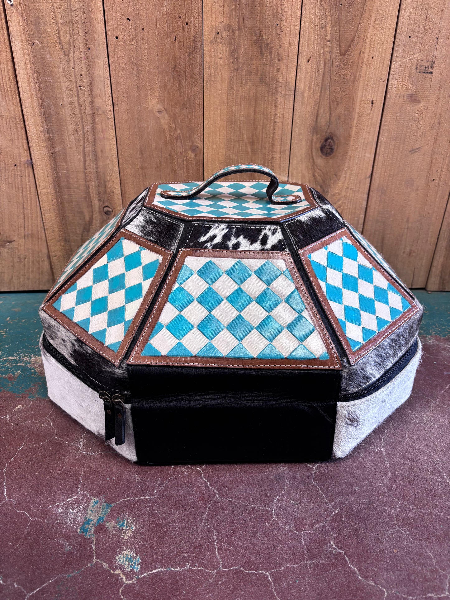 Turquoise and White Checkered Cowhide Cowboy Hat Box
