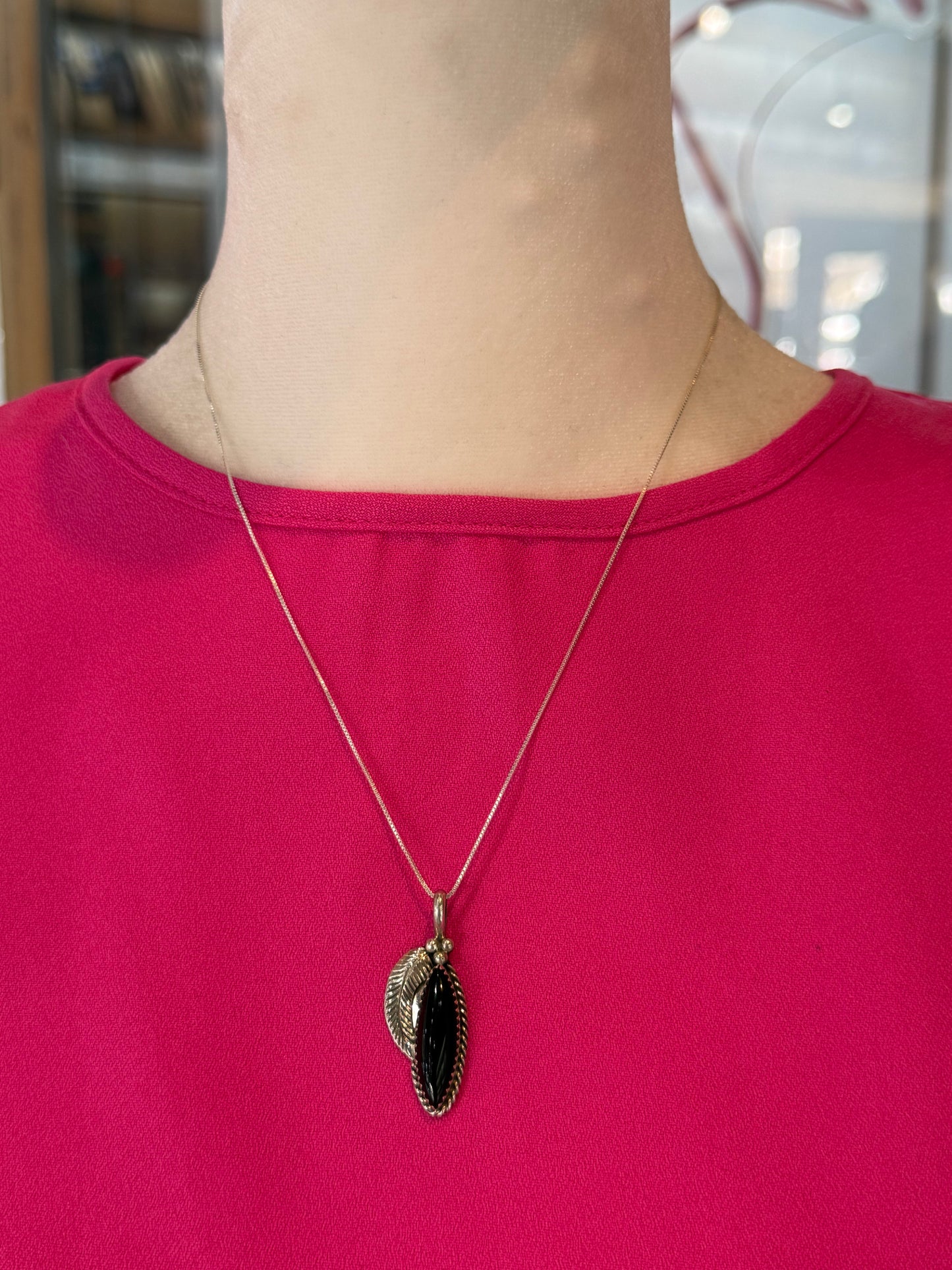 18" Black Onyx With Feather Pendant Navajo Made