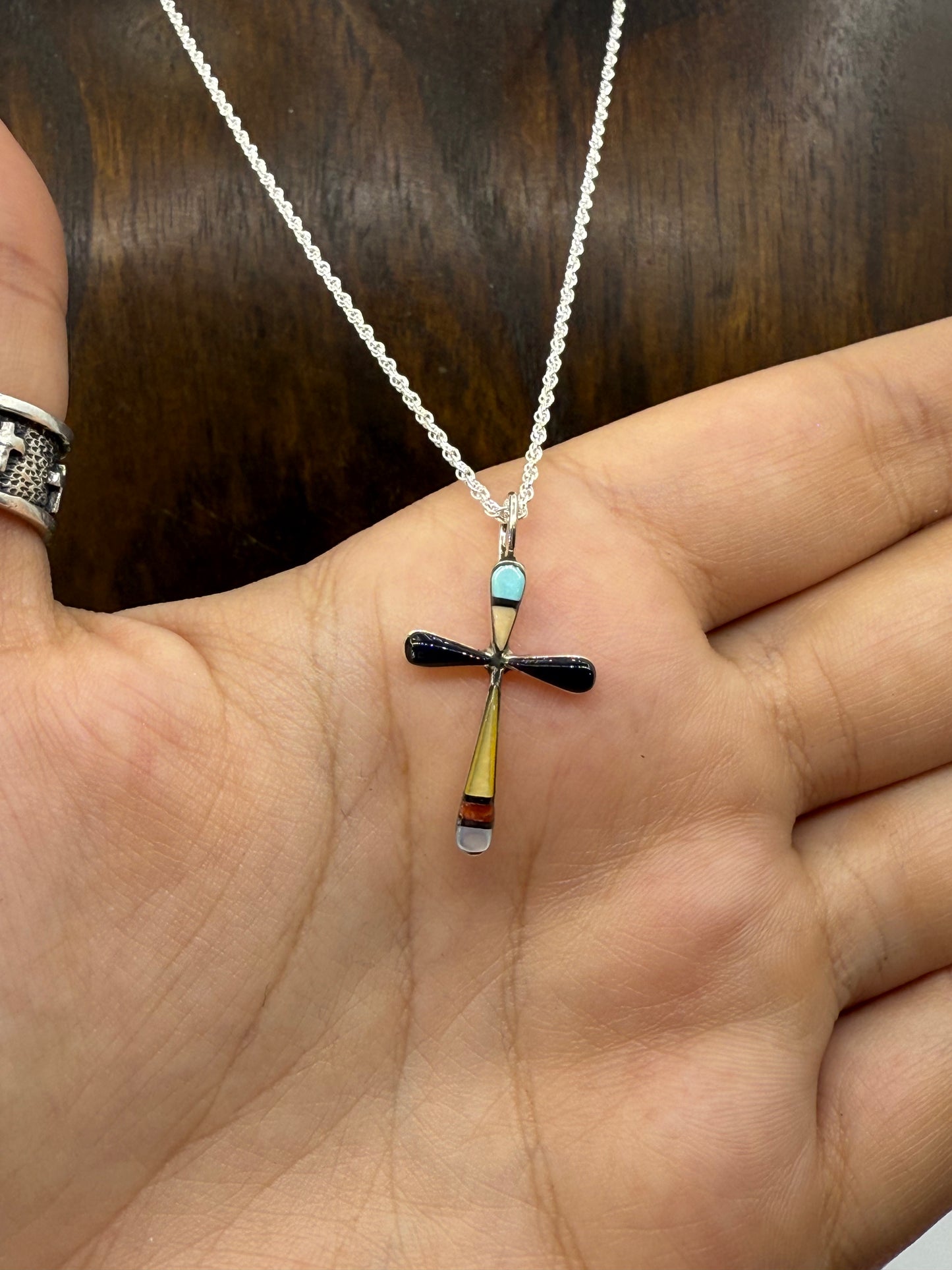 16" INLAY CROSS PENDANT 4 MM BAIL BY SYLVESTER NOCHE, Zuni