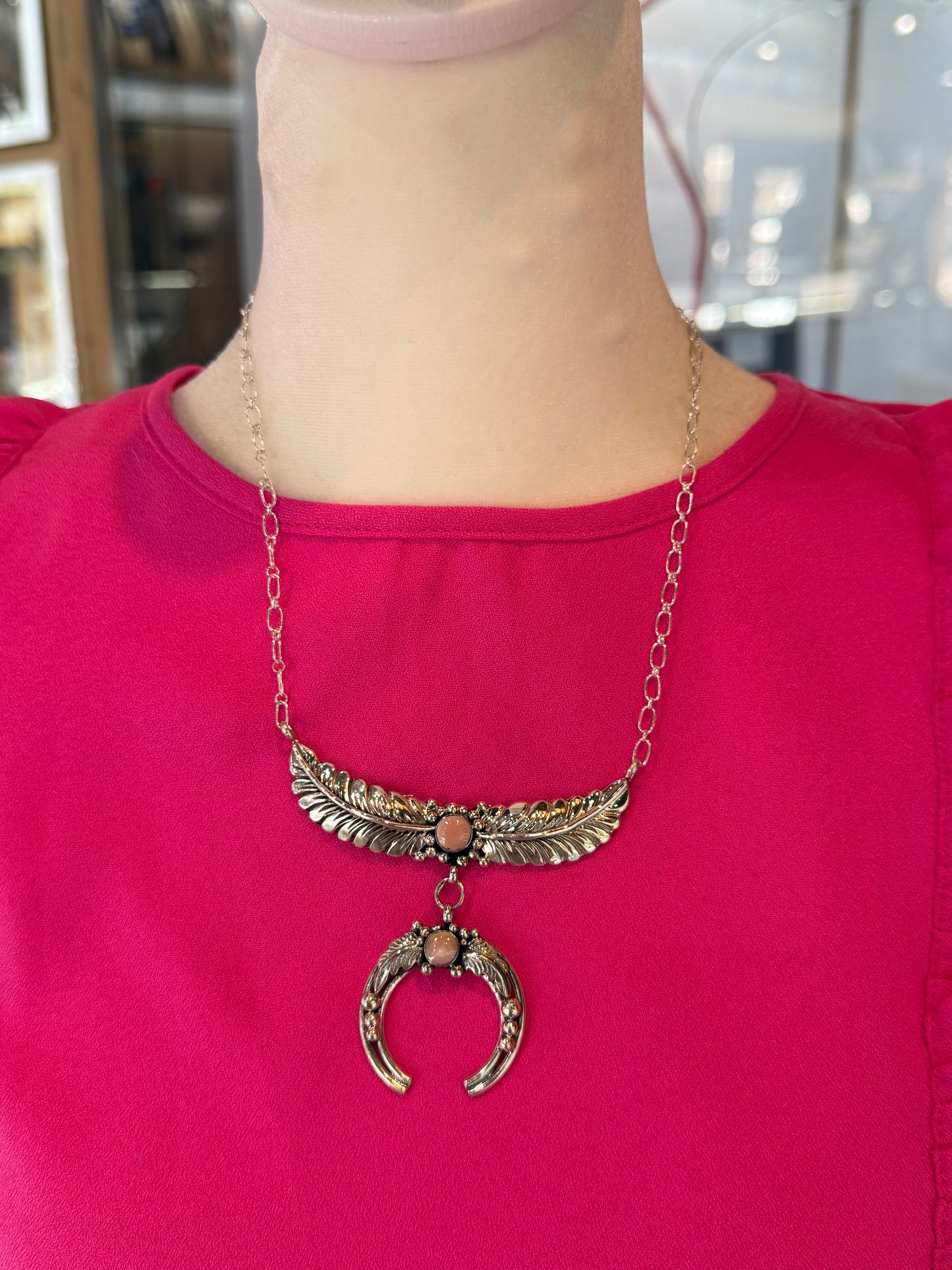 17" PINK CONCH FEATHER & NAJA NECKLACE BY LORETTA DELGARITO, Navajo
