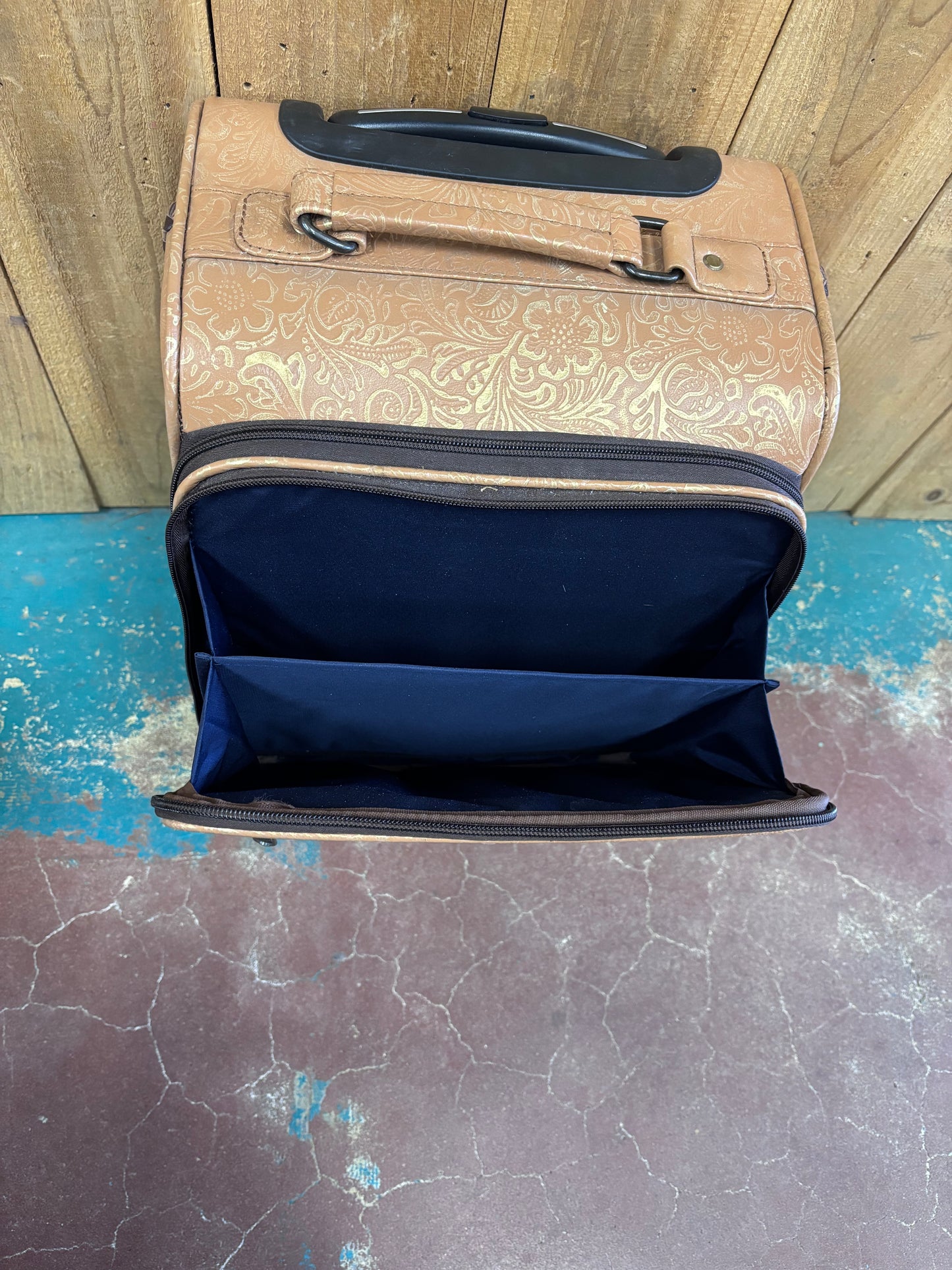 Small Tan Light Gold Flower Tooled Suitcase