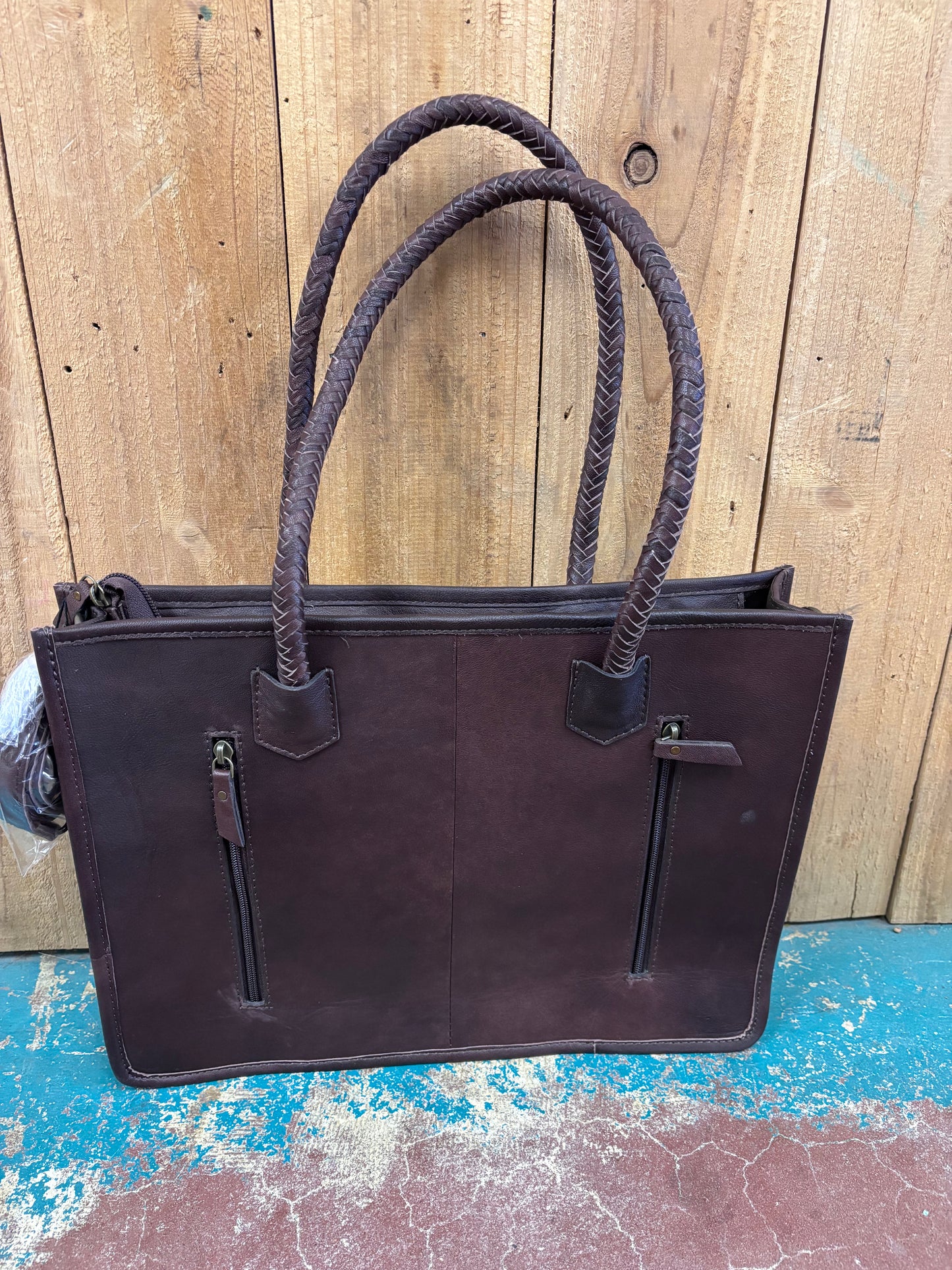 Version 1 Brown Checkered Cowhide Turquoise Stone Leather Purse