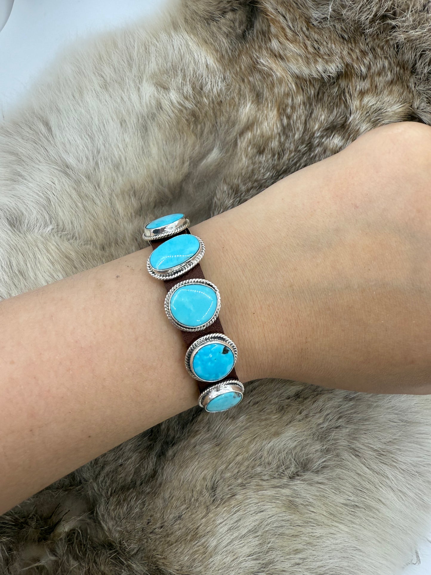 7 Stone Turquoise on Leather Bracelet by "BW", Navajo