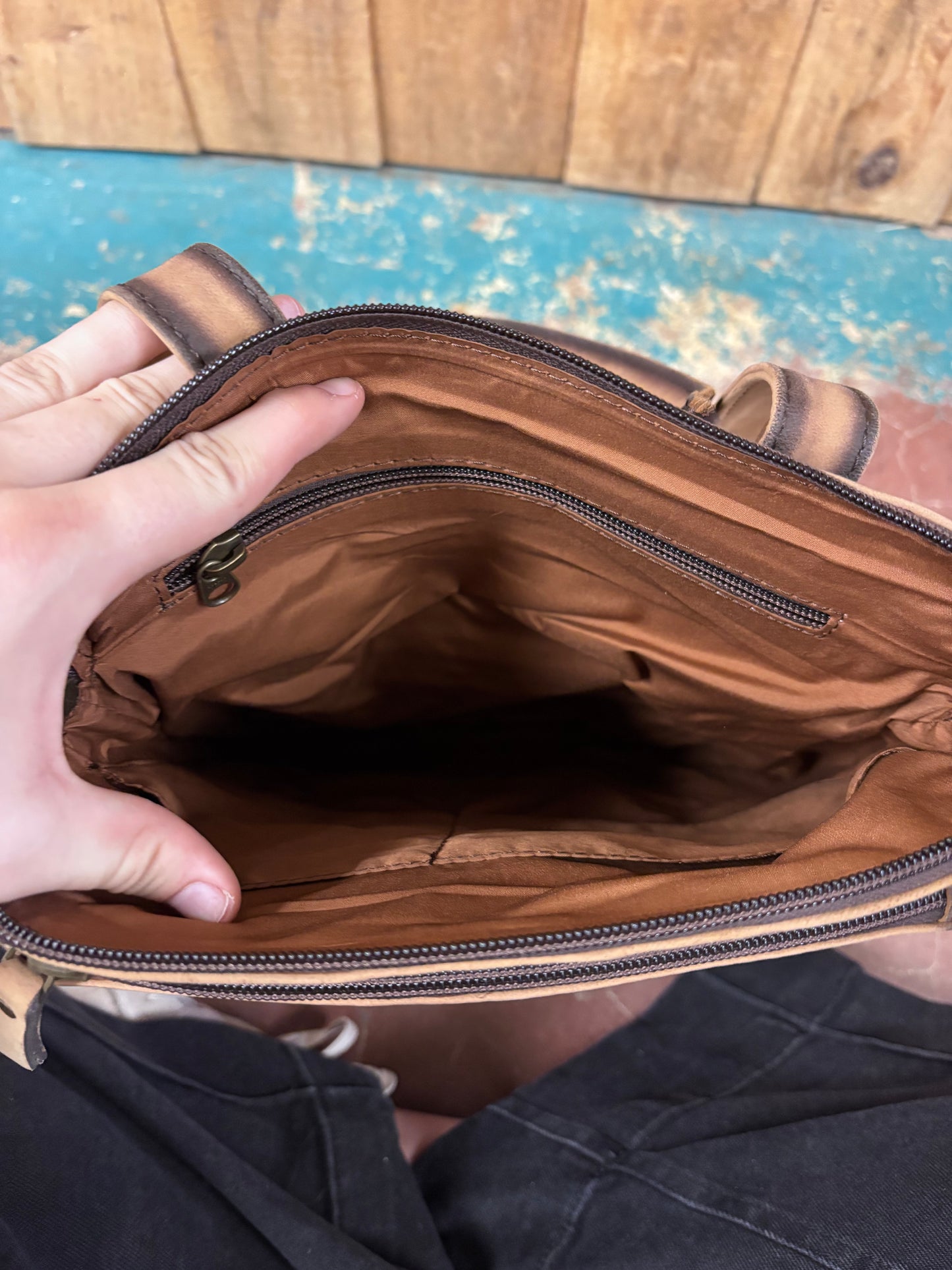 Small Brown Flower Tooled Buck Stitched Leather Backpack