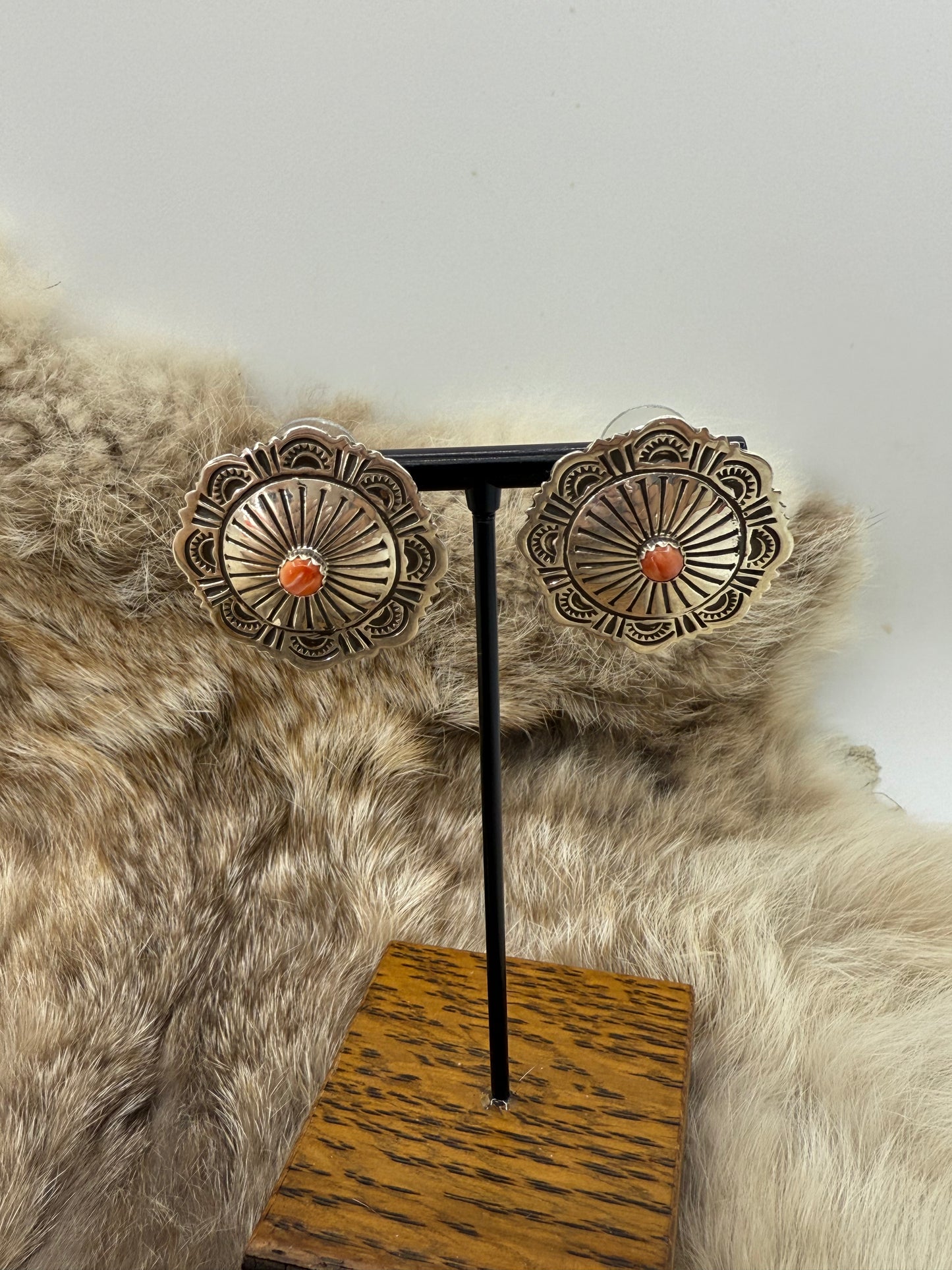 Stamped Concho Earrings with Spiny Oyster by Genevieve Blackgoat, Navajo