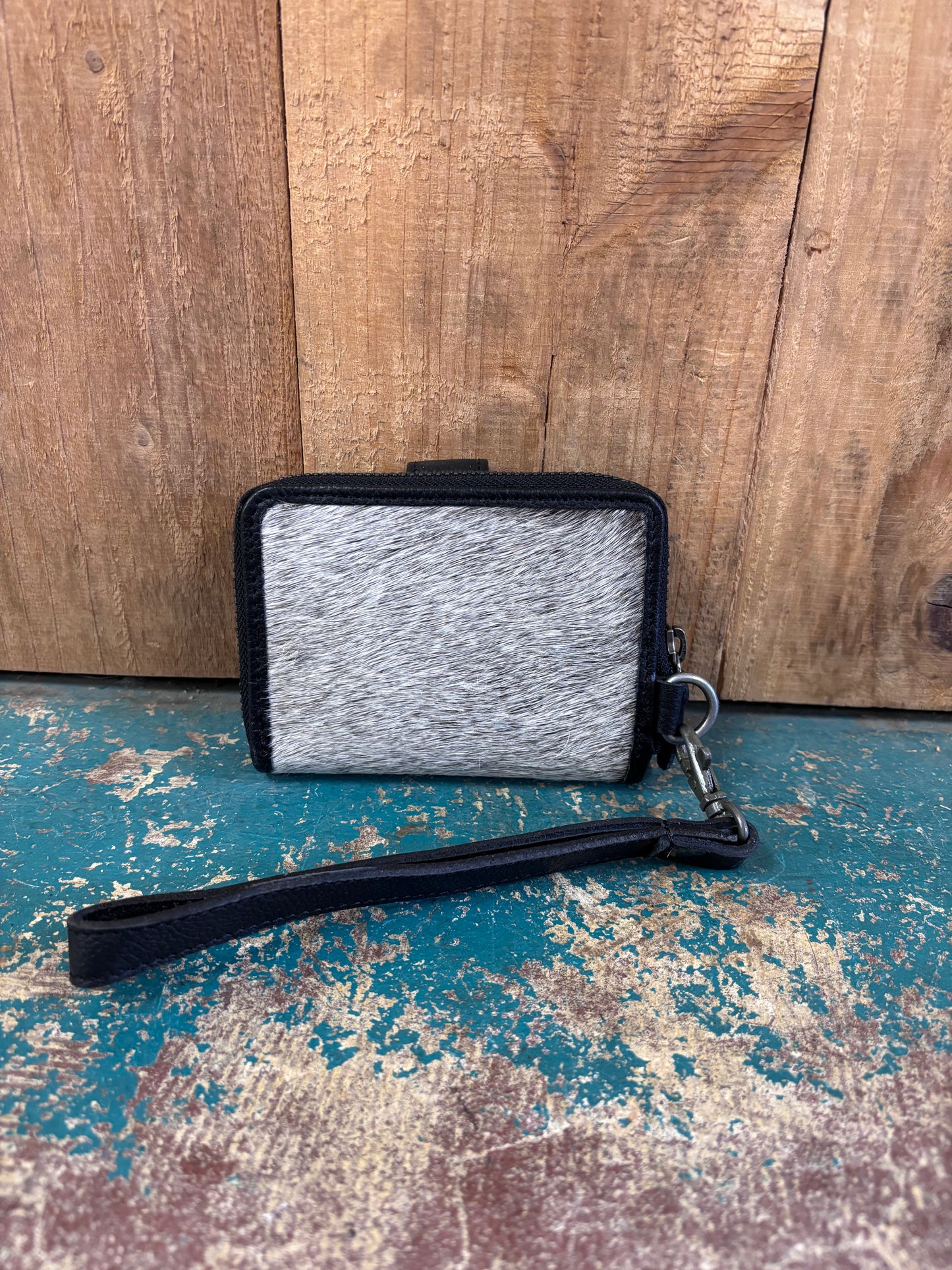 Grey Cowhide Black Leather Wrist Wallet