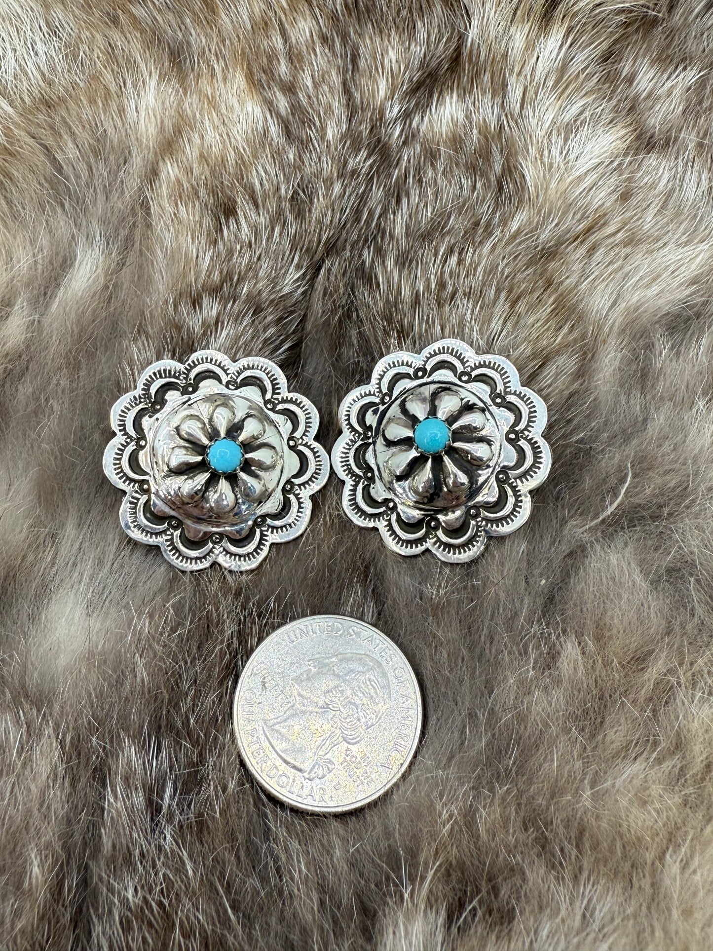 Stamped Concho Earrings with Turquoise by Genevieve Blackgoat, Navajo