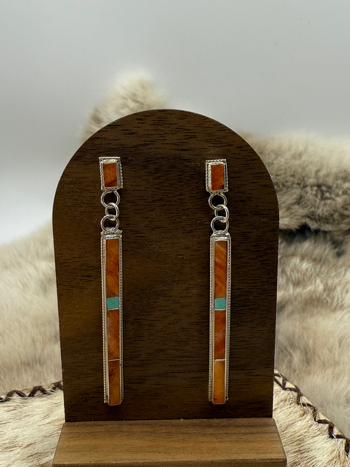 Spiny Oyster Shell & Turquoise Inlay Ling Dangle Earrings by Ricky T. Booqua, Zuni