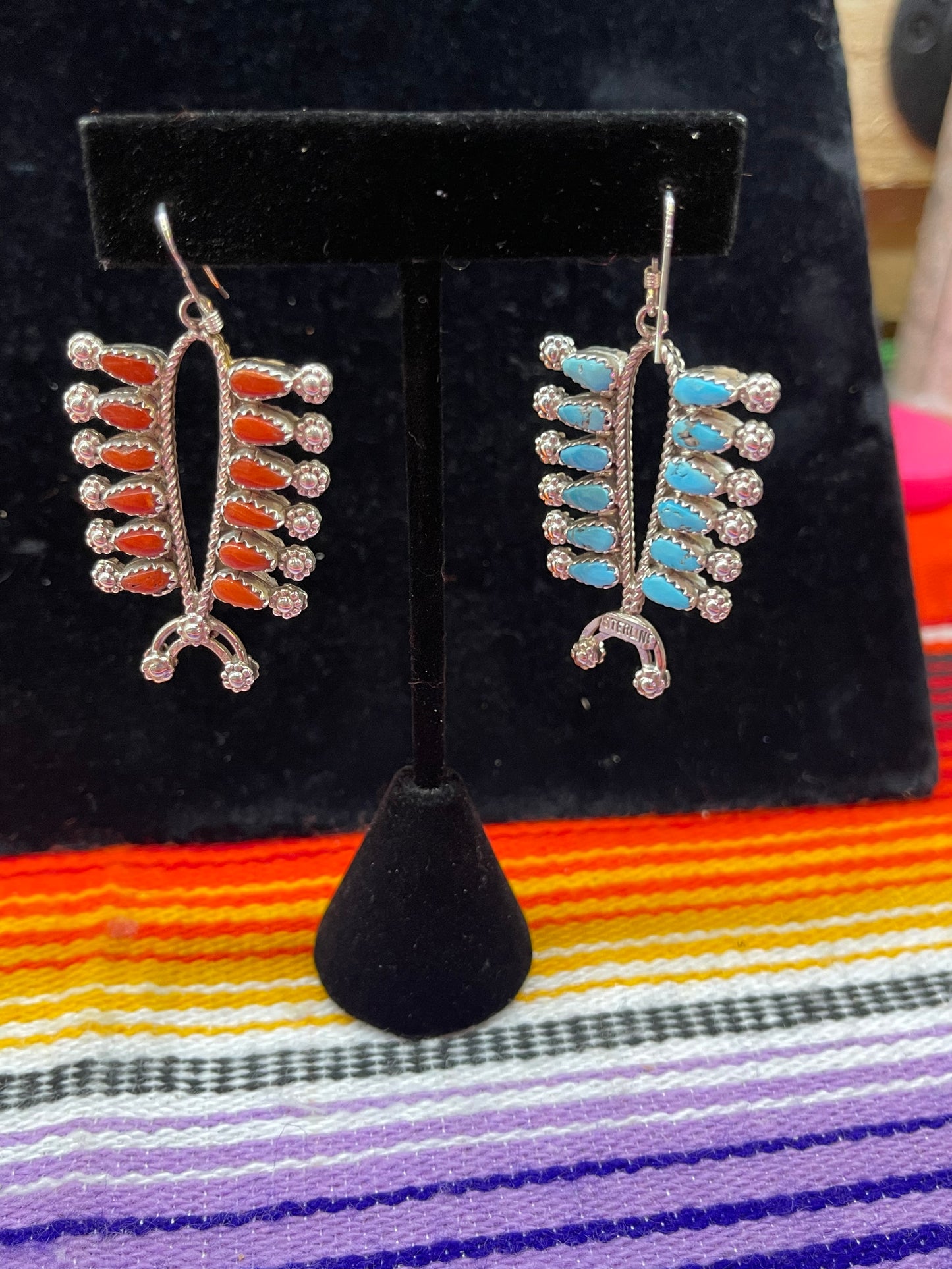 Reversible Sleeping Beauty & Coral Squash Blossom Earrings, Zuni Made