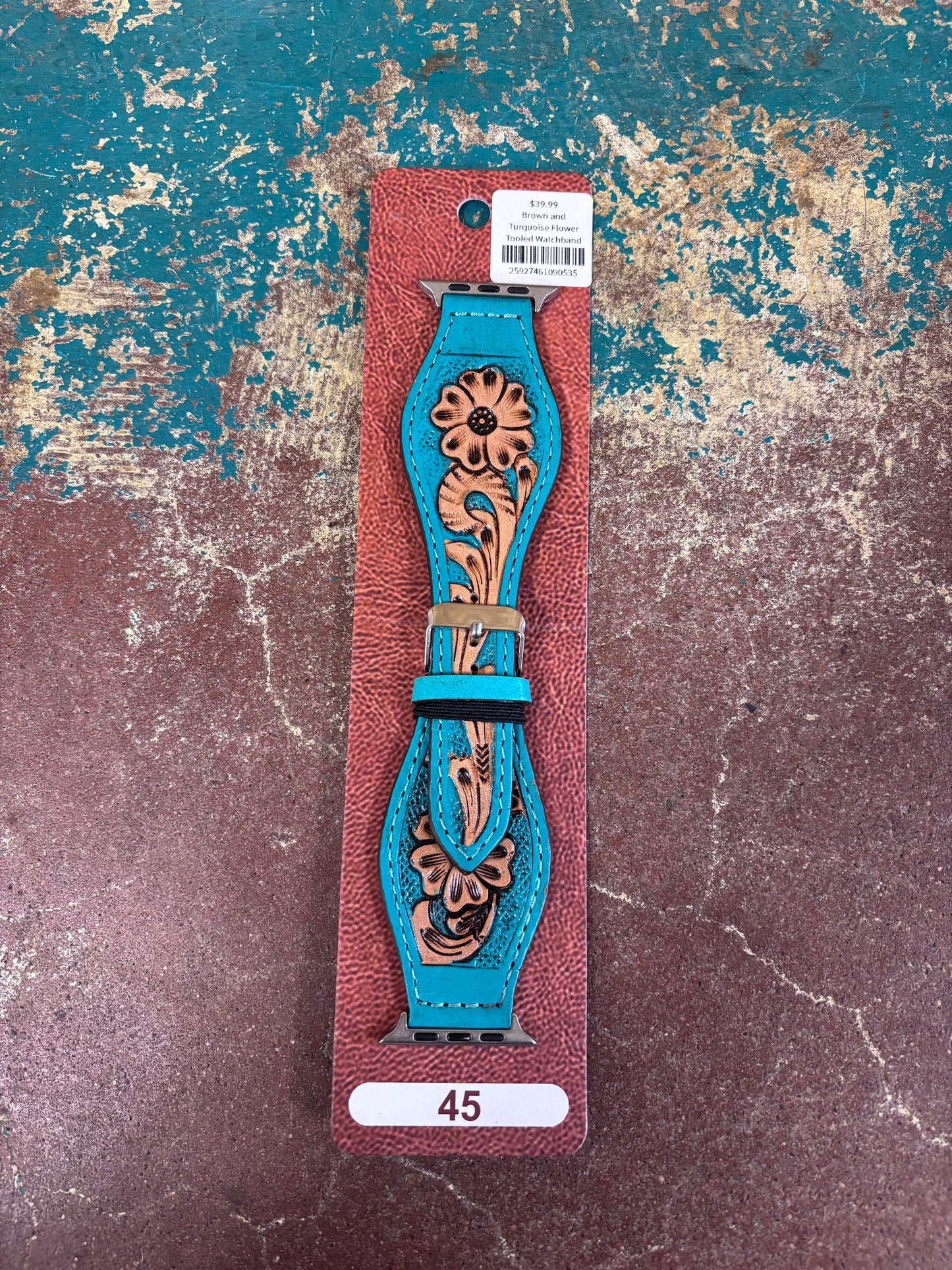 Brown and Turquoise Flower Tooled Watchband