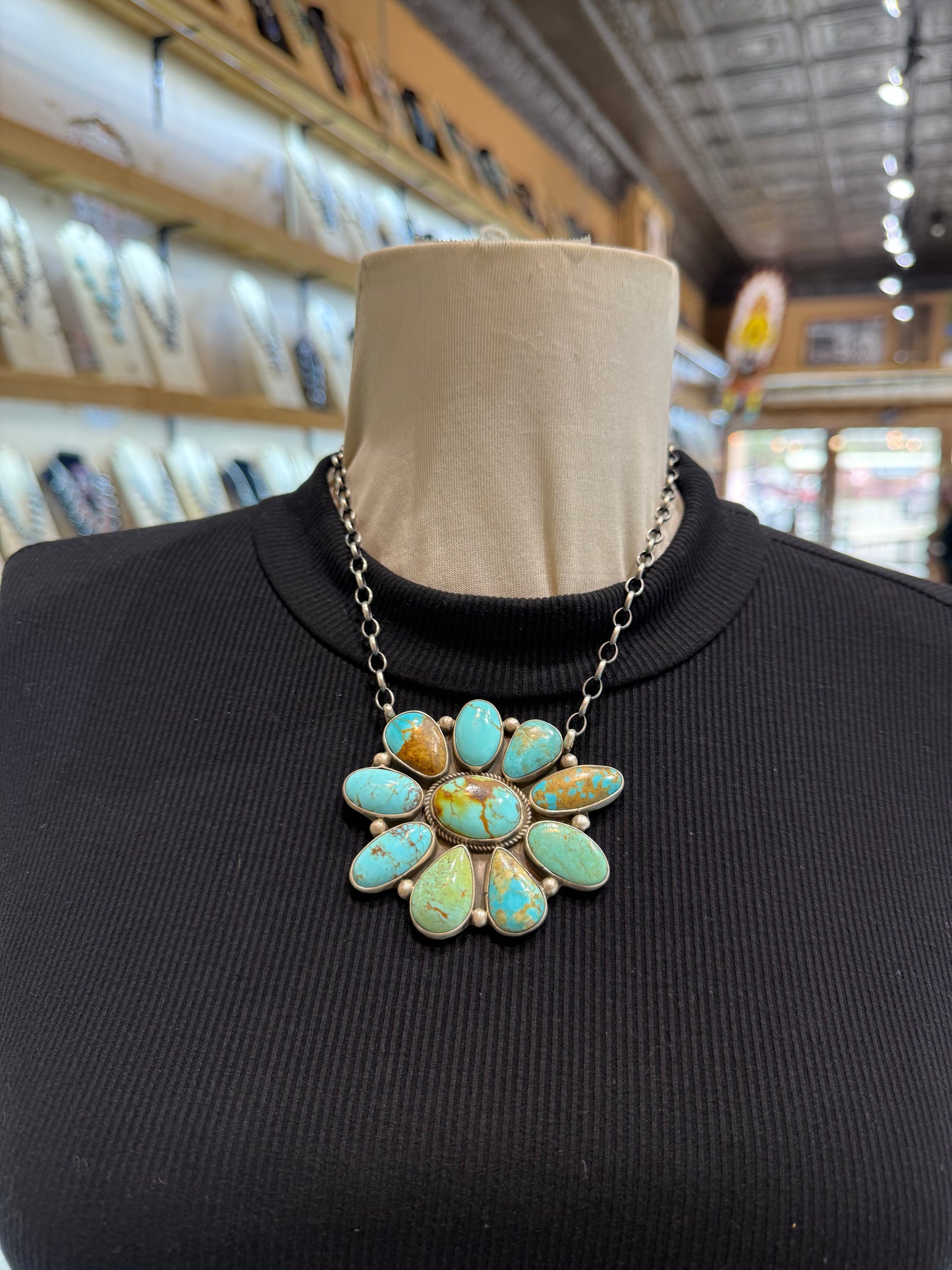 16" Large Kingman Turquoise Cluster Necklace by Geraldine James, Navajo