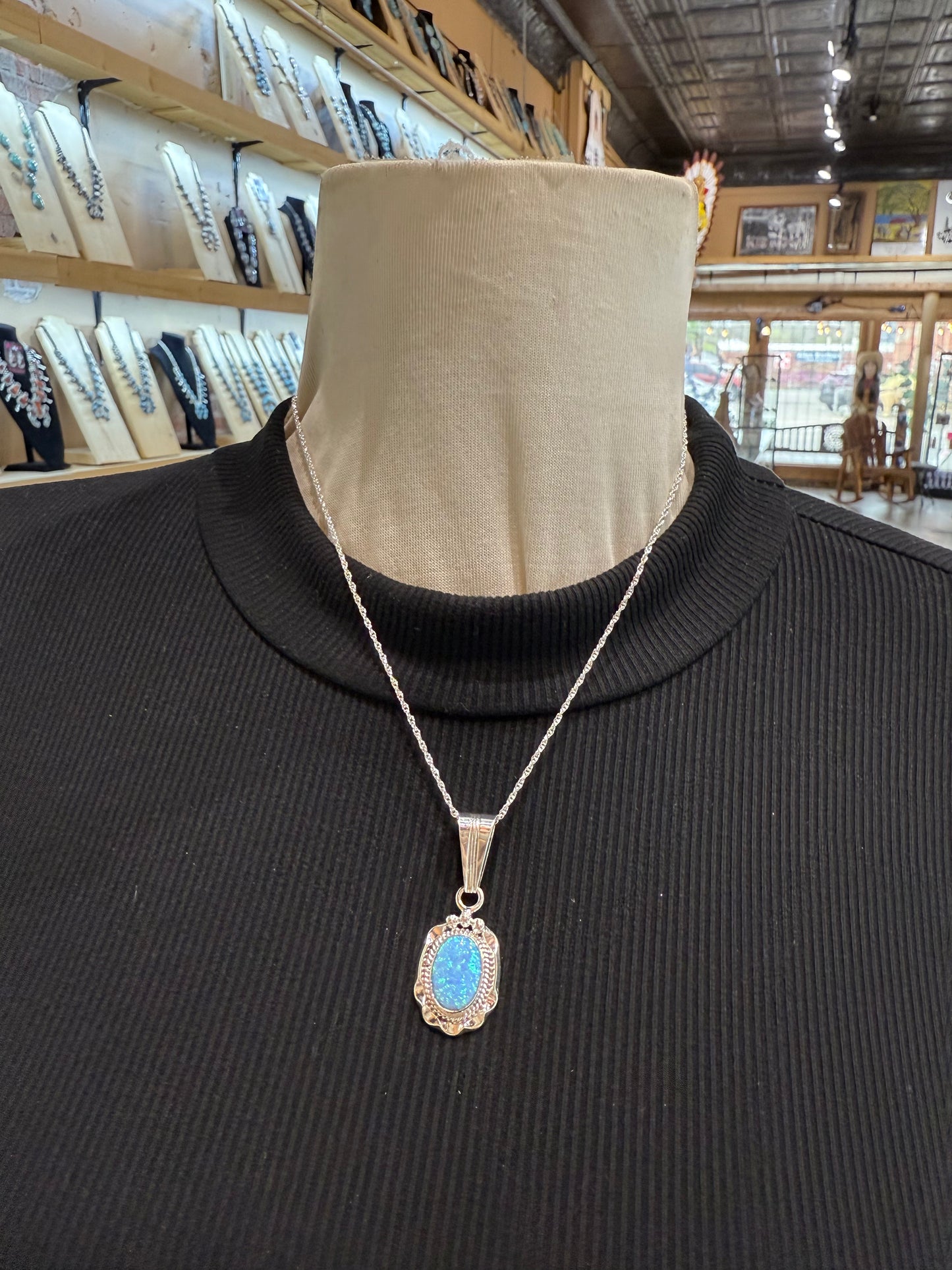 Blue Opal Pendant on 18" Chain by Samuel Yellowhair, Navajo