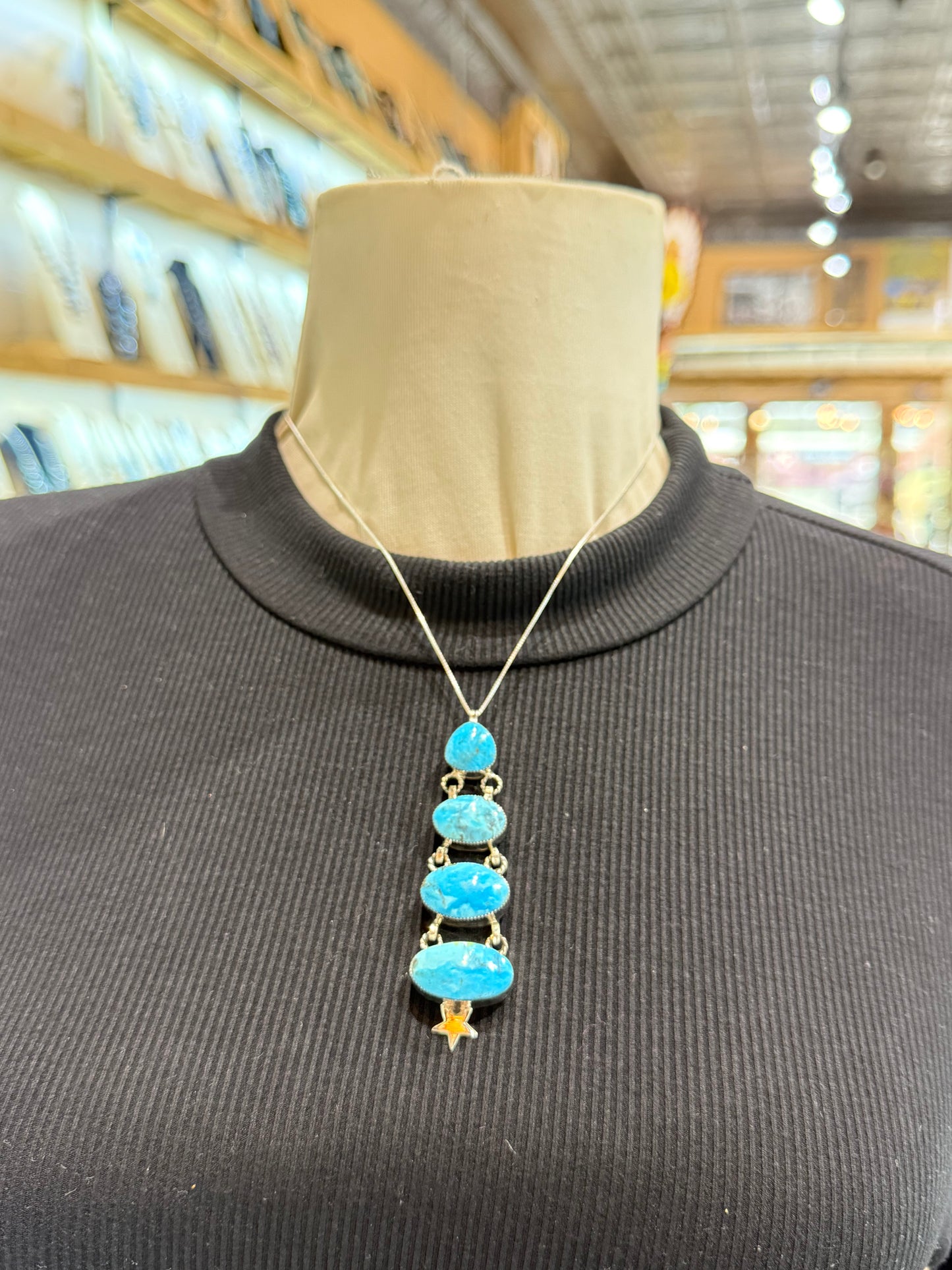 18" 4 Stone Kingman Turquoise Drop Necklace with Star by David Lopez, Navajo