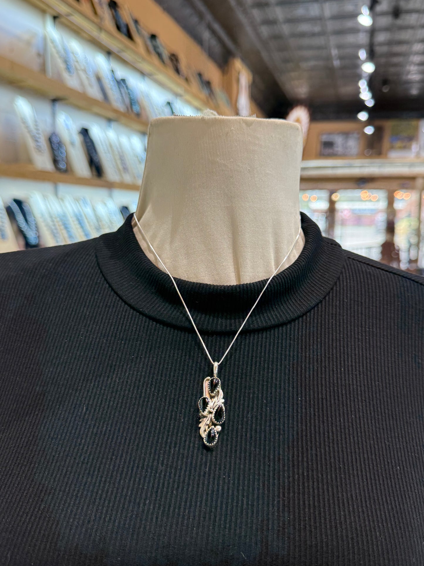 4 Stone Black Onyx Pendant on 18" Chain by Annie Spencer, Navajo