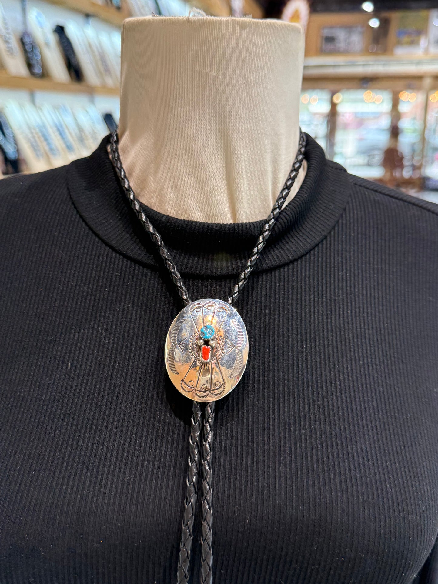 Turquoise & Coral Stamped Oval Concho Bolo Tie by Jolene Begay, Navajo