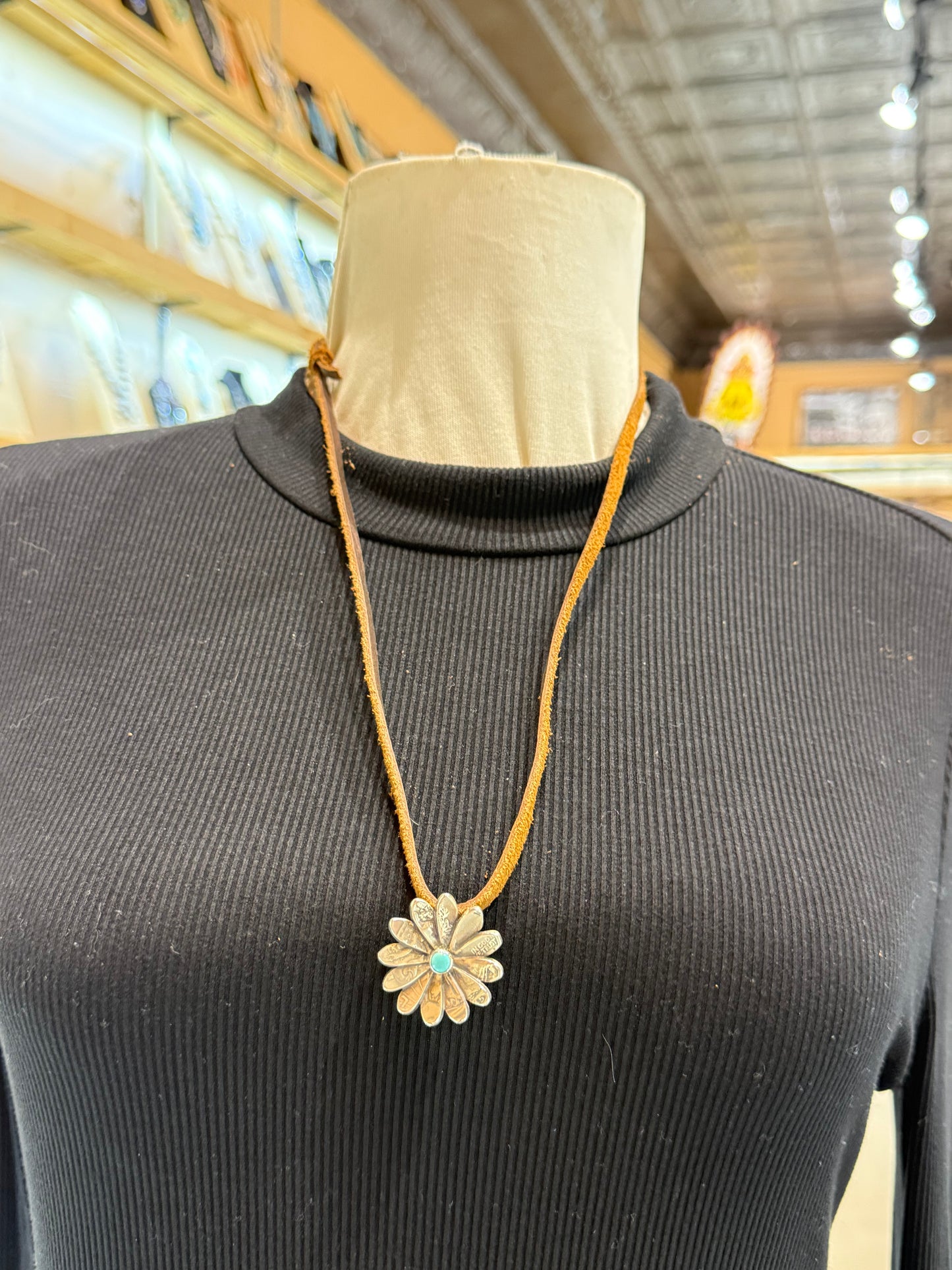 Silver Half Dollar Flower with Turquoise on Adjustable Leather Necklace by Bad Bronc