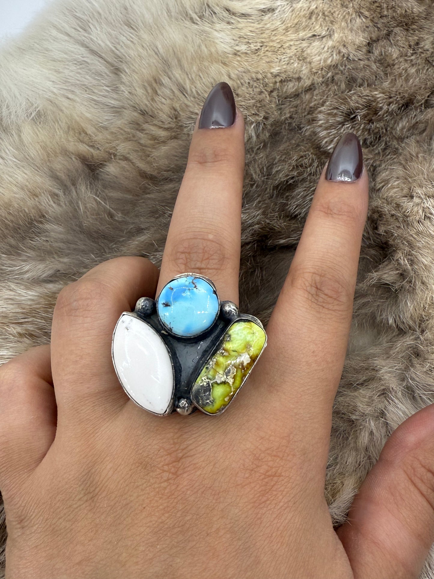 9.0 Golden Hills Turquoise, White Buffalo and Palomino Turquoise Ring by Delbert Secatero, Navajo