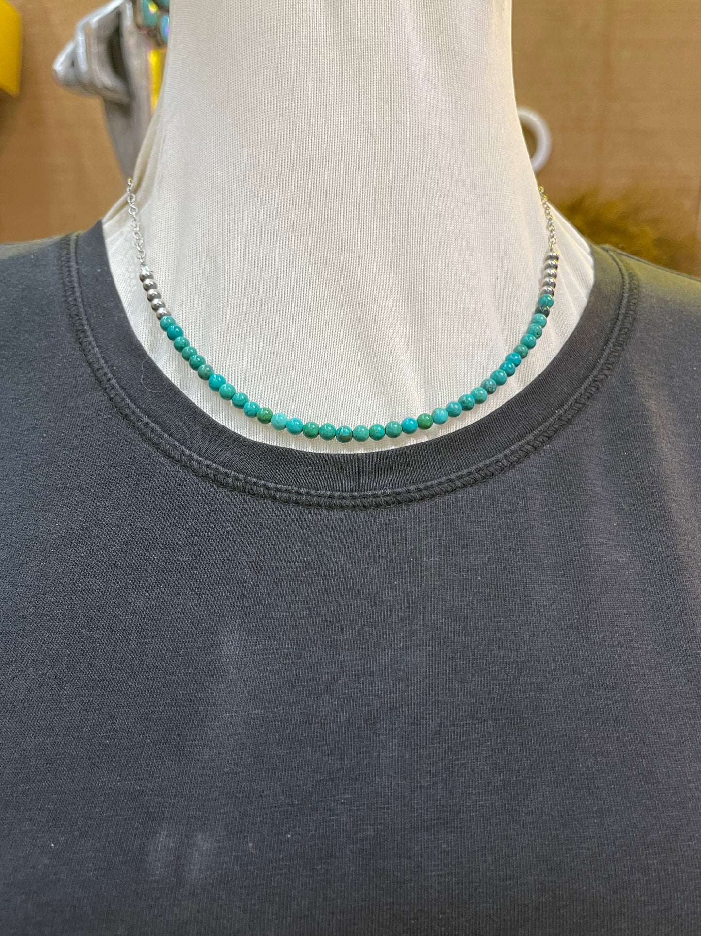 18" 4mm Turquoise and Navajo Style Pearl Necklace