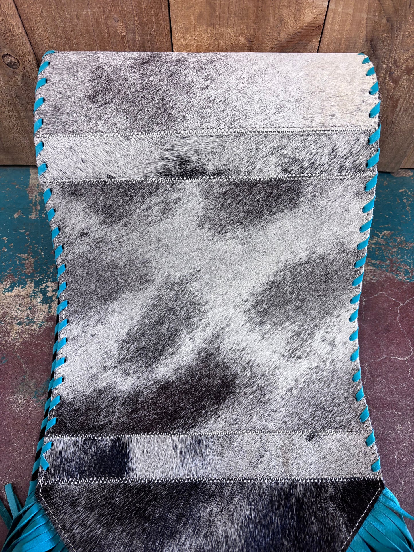 White and Black Cowhide Turquoise Leather Table Runner