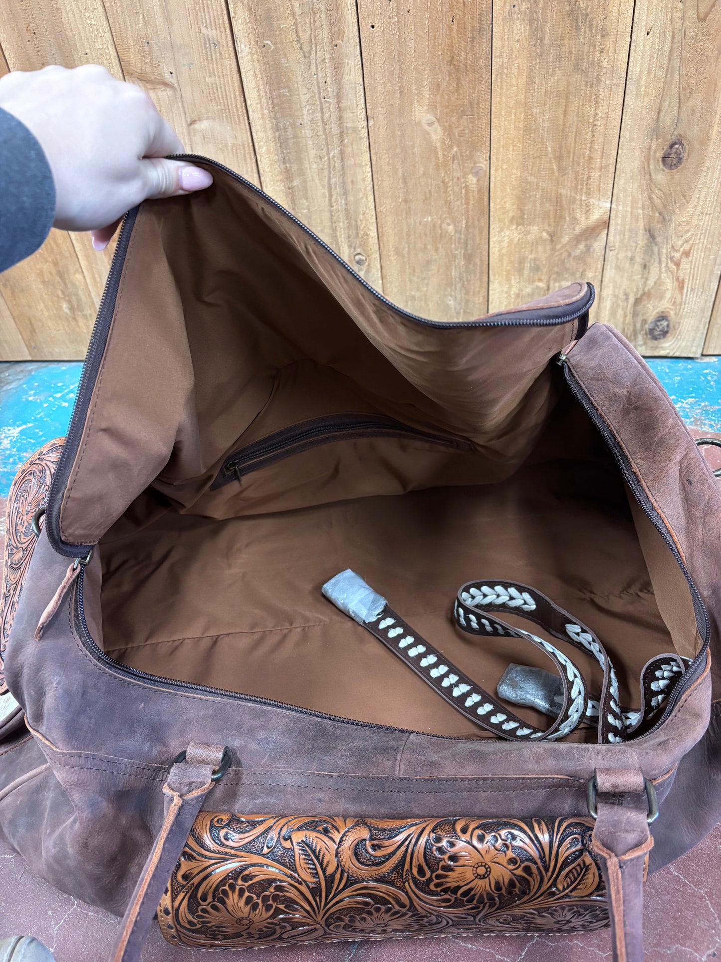 Dark Brown Leather Tooled Cowhide Pocket Duffle Bag