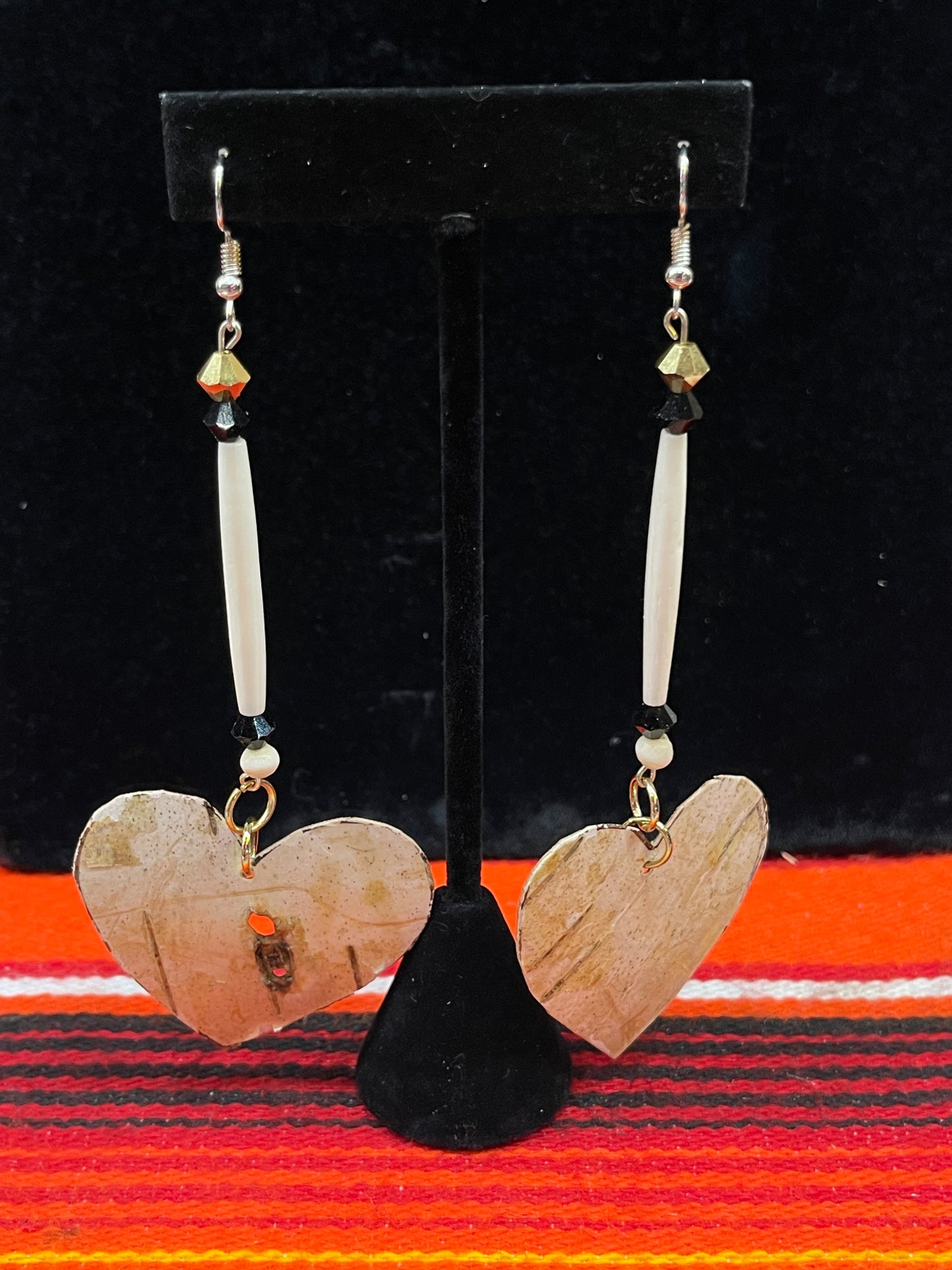 Bone Bead Wood Heart Earrings