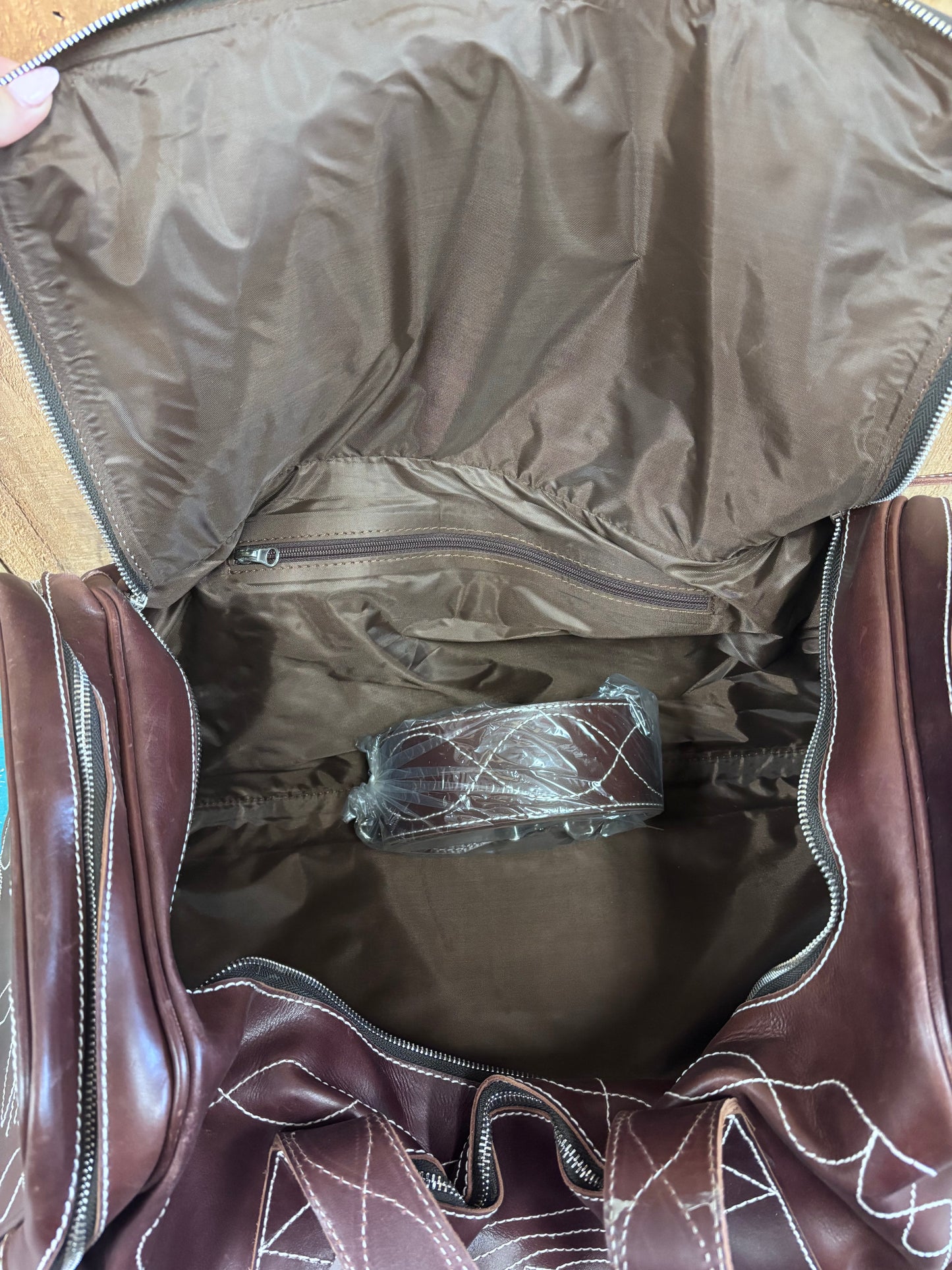 Large Dark Brown Boot Stitched Leather Duffle Bag