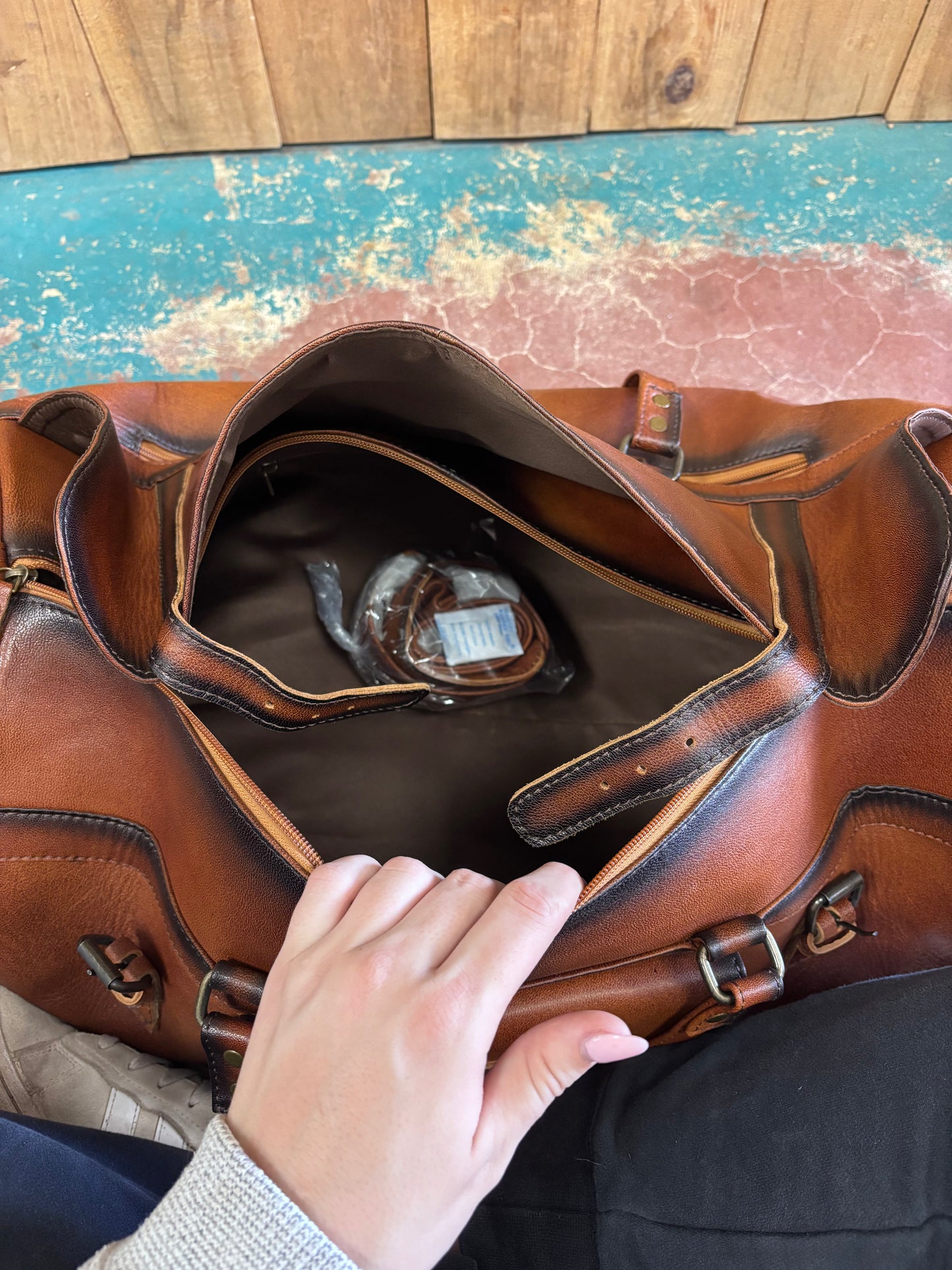 Brown Leather Burnt Black Edges Duffle Bag