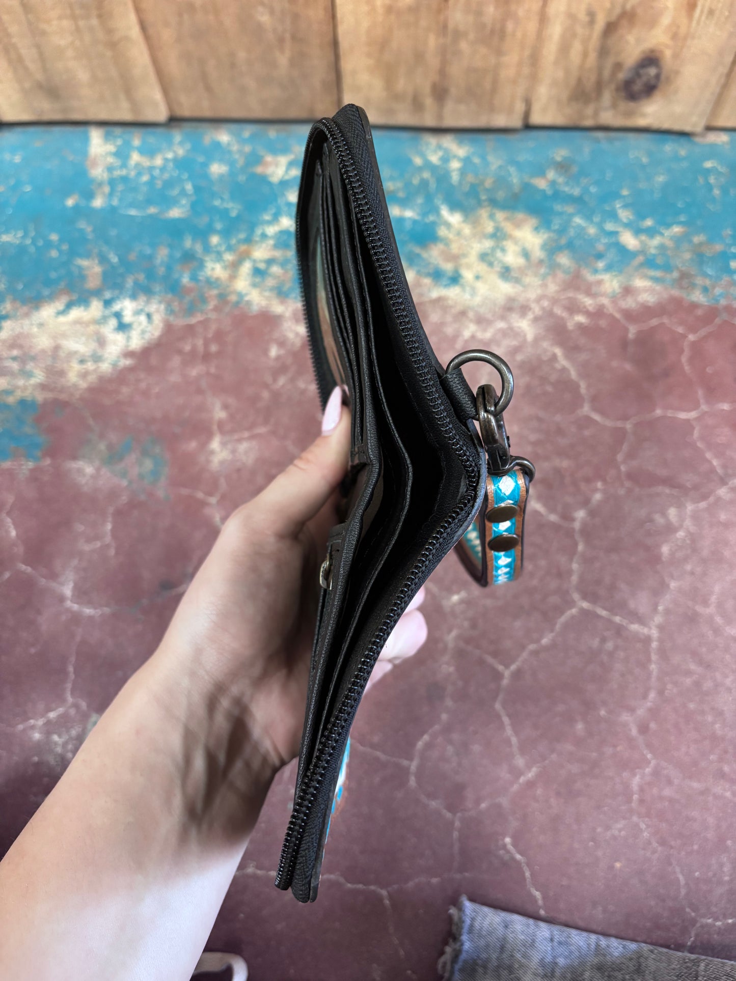 Turquoise and White Checkered Leather Wristlet/Wallet