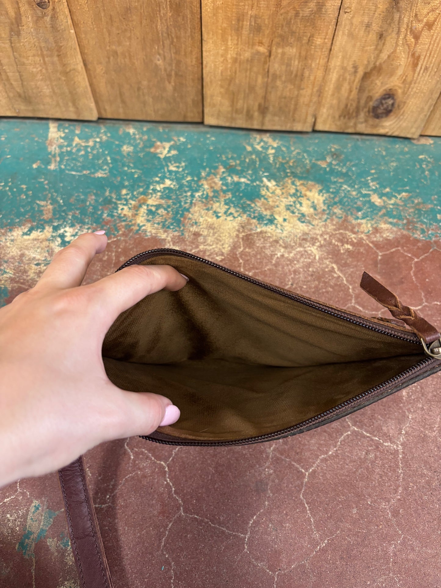 Turquoise Lightning Bolt Tooled Leather Wristlet/Wallet