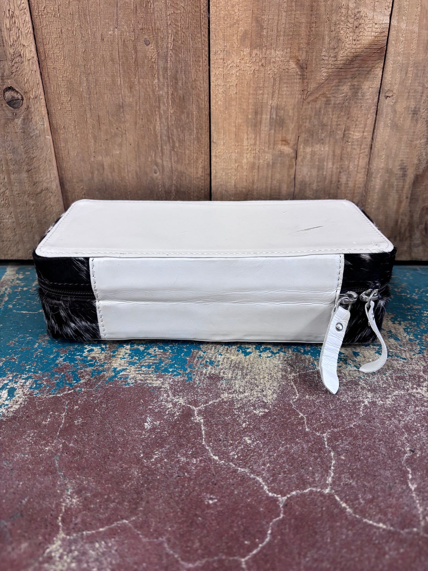 Rectangular White Leather Black Cowhide Jewelry Box