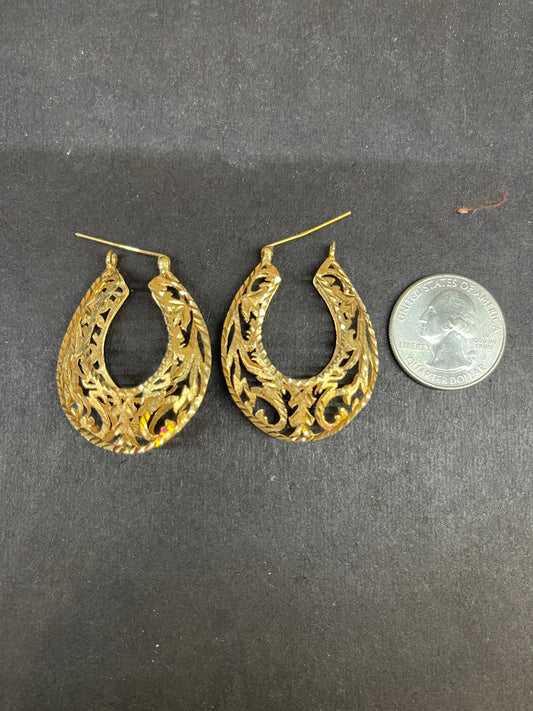14k Solid Gold Hoop Earrings w/ Vine Detailing