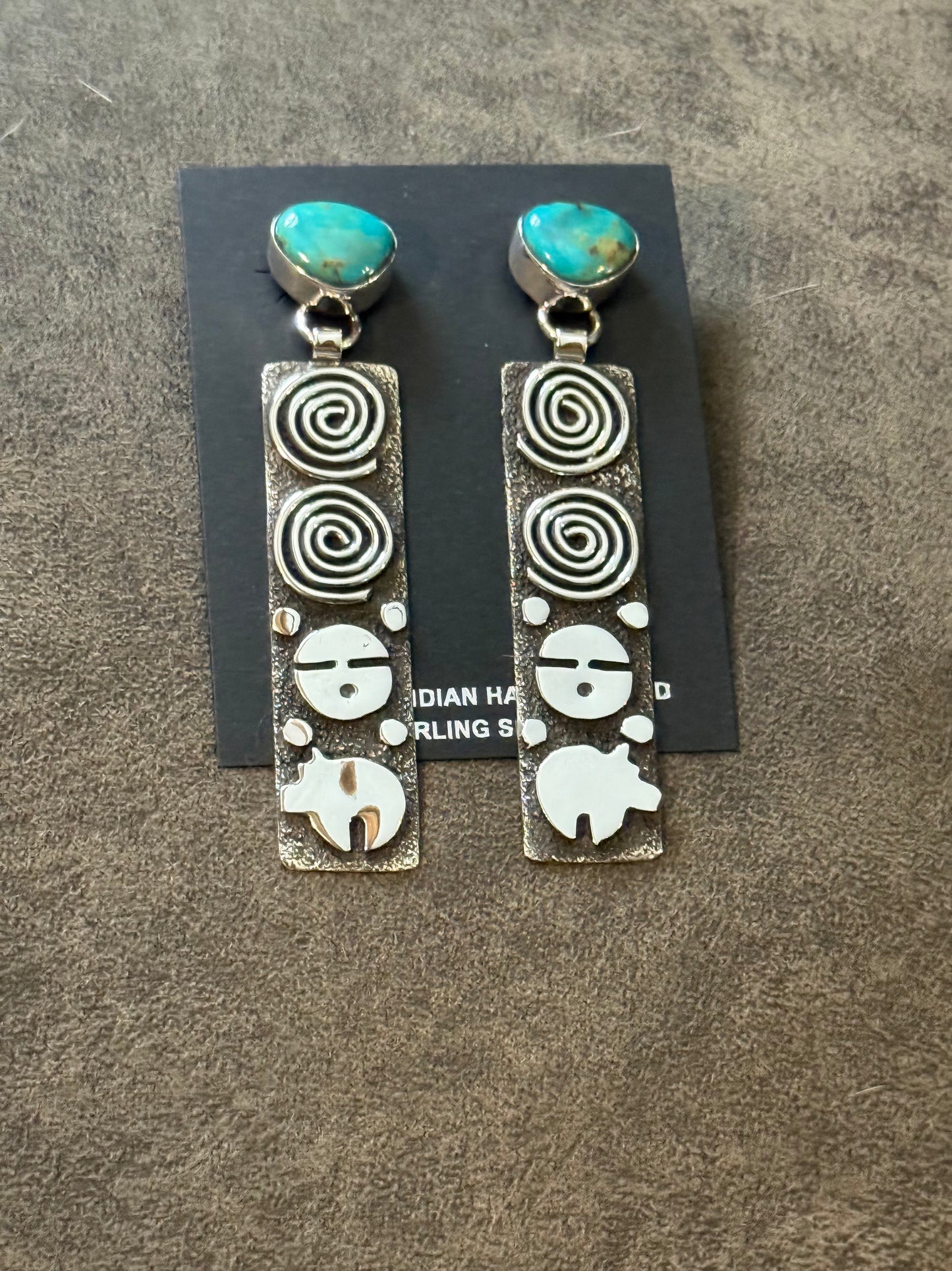 Turquoise Post with Sun Face, Bear and Spiral Dangle Petroglyph Earrings by Alex Sanchez, Navajo