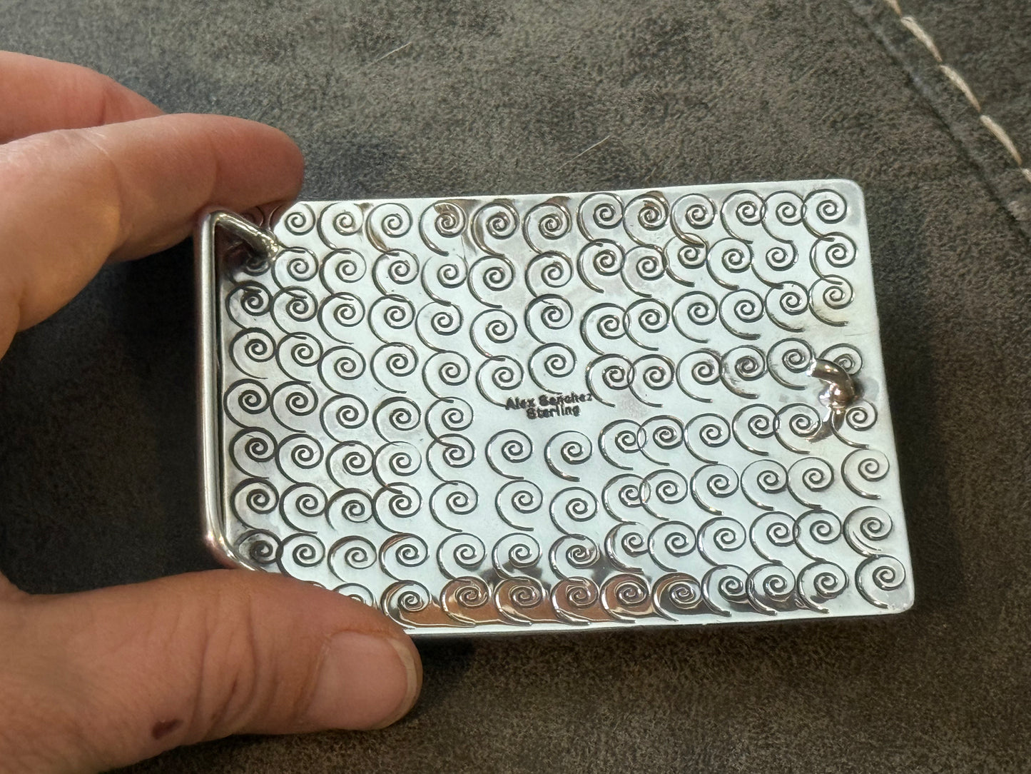 Kingman Turquoise and Petroglyph Belt Buckle by Alex Sanchez, Navajo