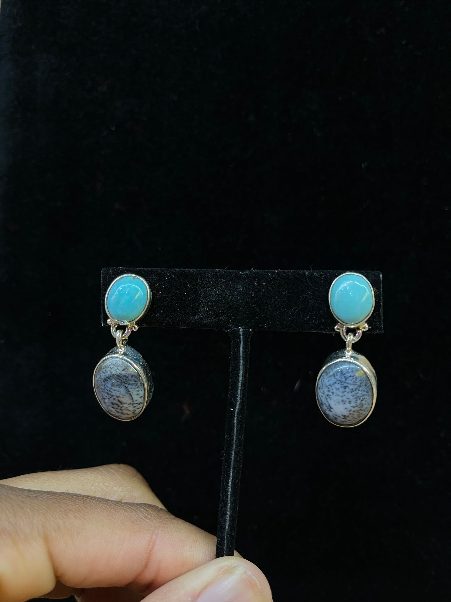 Dendritic Opal and Sleeping Beauty post dangle earrings