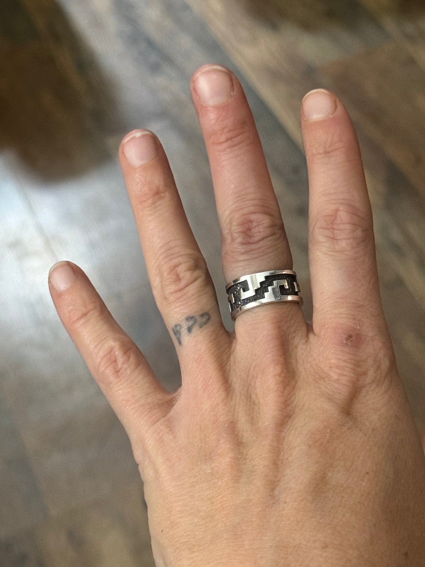 7.5 Silver Overlay Design Band Ring by Marie Jackson, Navajo
