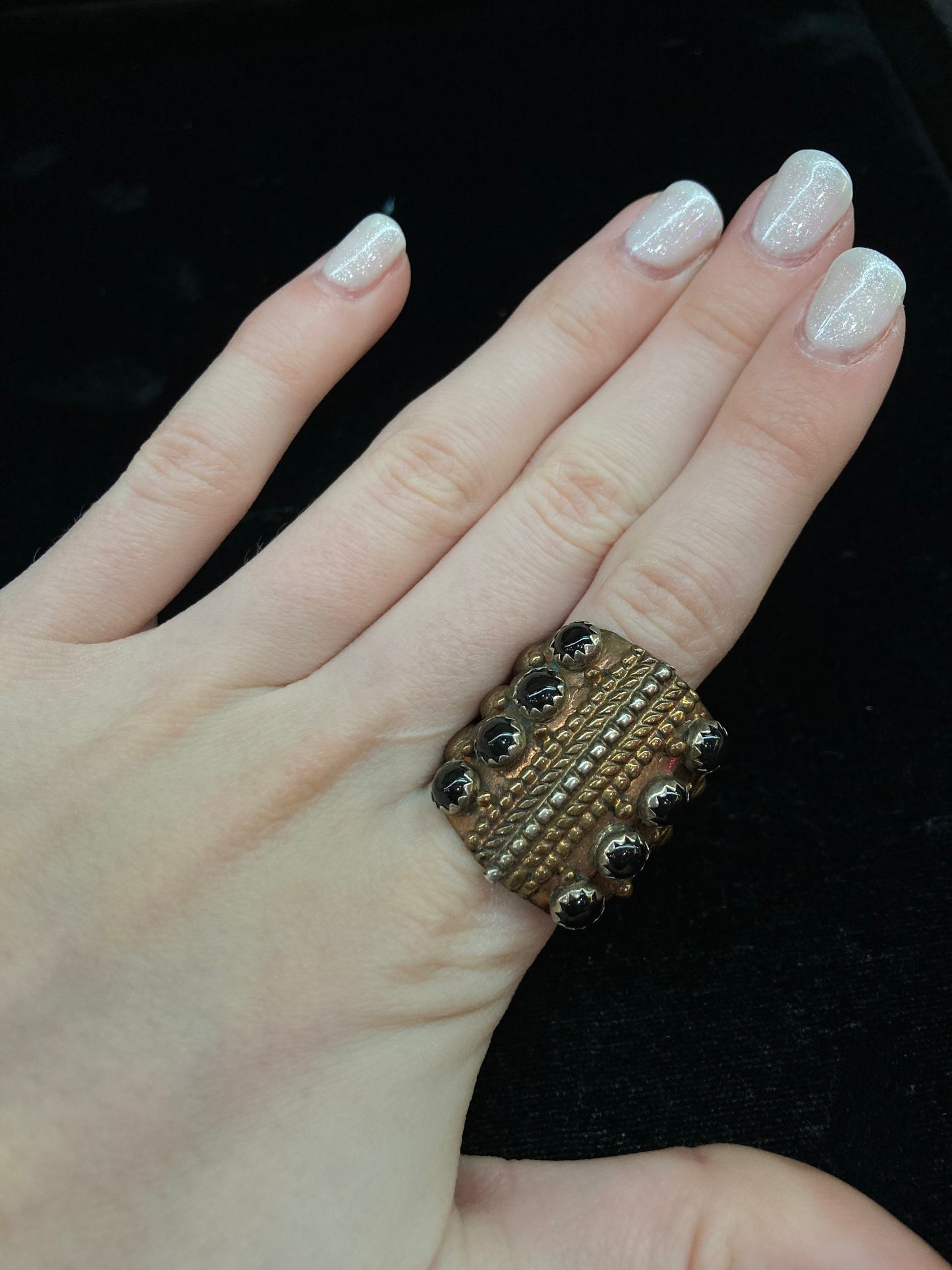 9.5 Black Onyx and Copper Ring By Running Bear, Navajo made