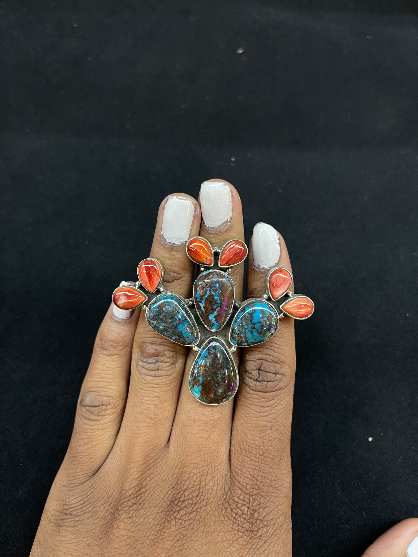 Natural Turquoise & Spiny Oyster Adjustable Cactus Ring by Calvin Delgarito,Navajo
