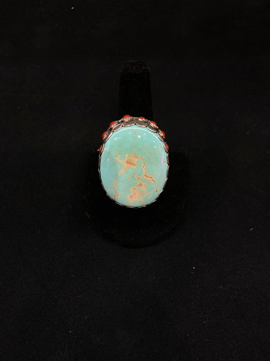 10.0 Heavy #8Turquoise and Red Coral Ring by Russel Sam, Navajo