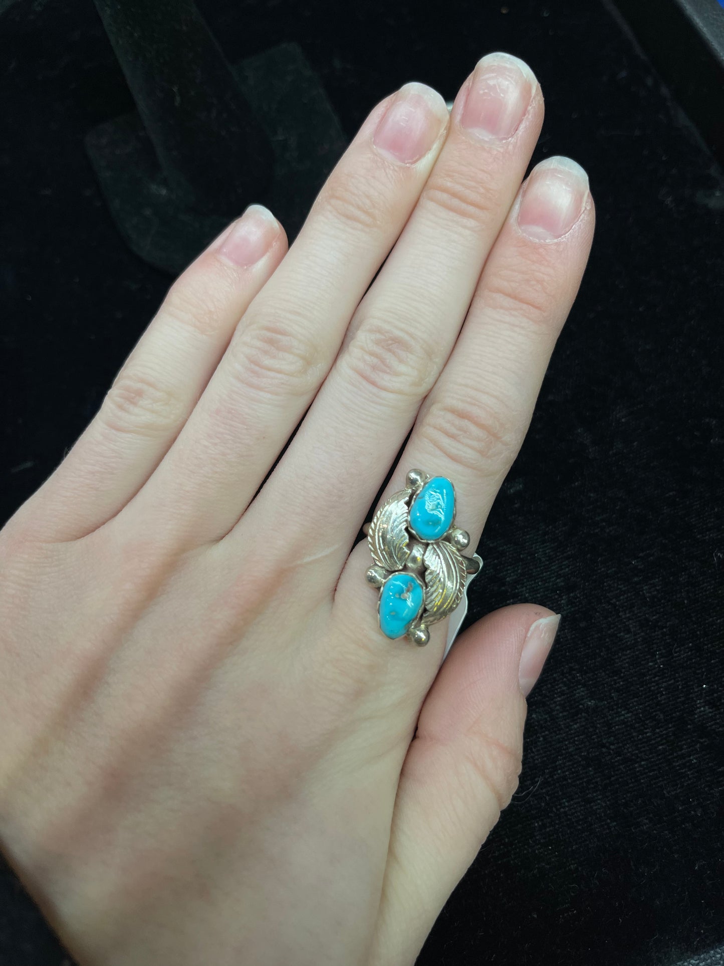 6.0 Turquoise and Silver Leaf Pattern Ring By Carmelita and Dan Simplicic, Zuni
