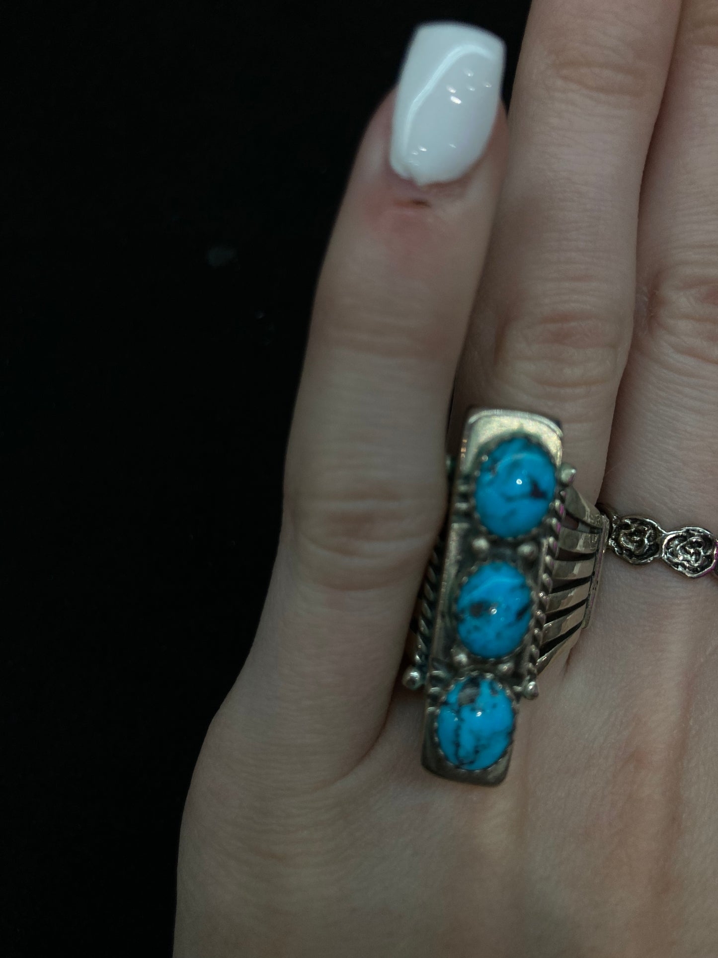 7.0 3 Stone Turquoise Ring by Russel Sam, Navajo