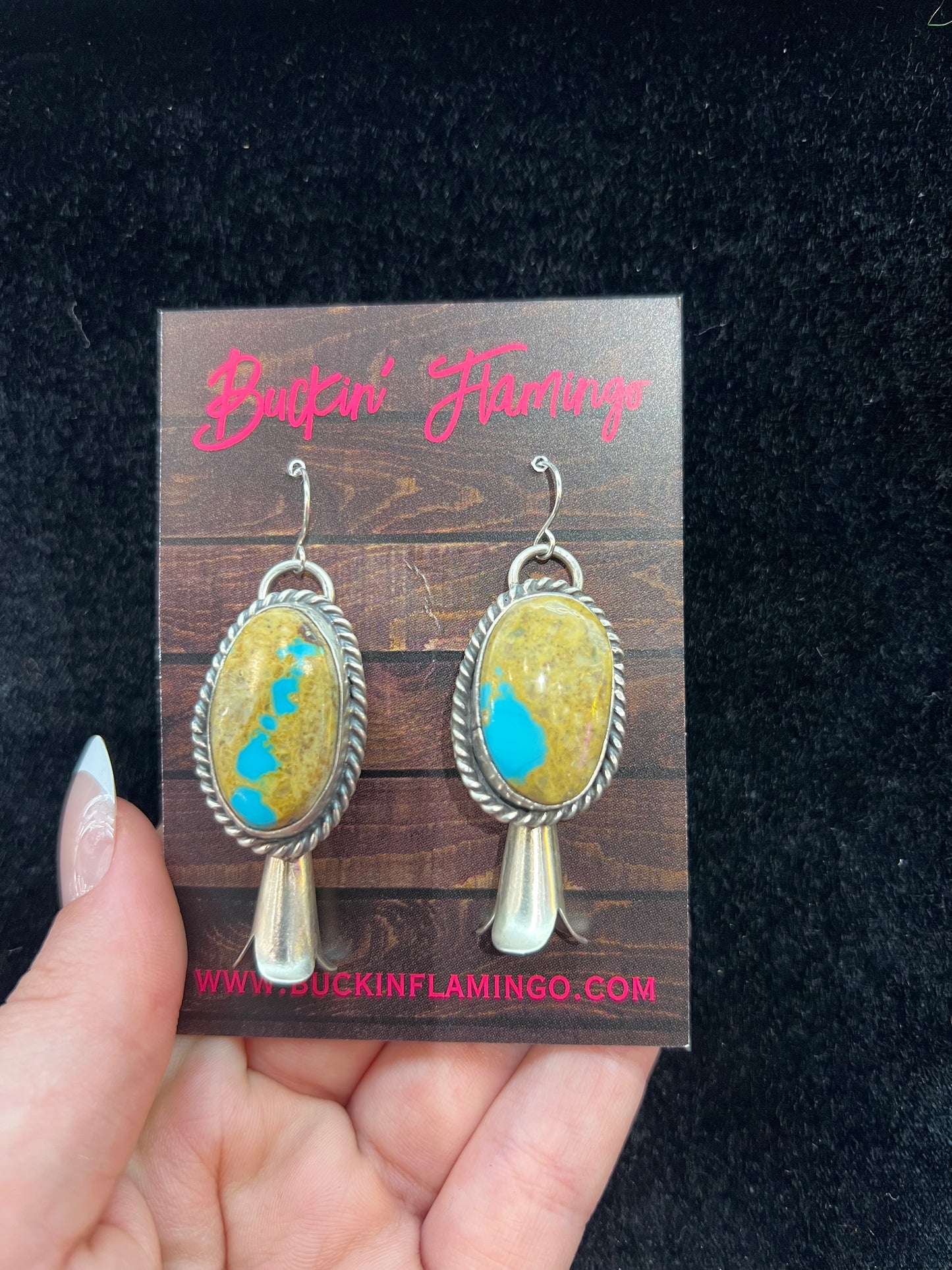 Boulder Turquoise Blossom Earrings by Gilbert Nez, Navajo made