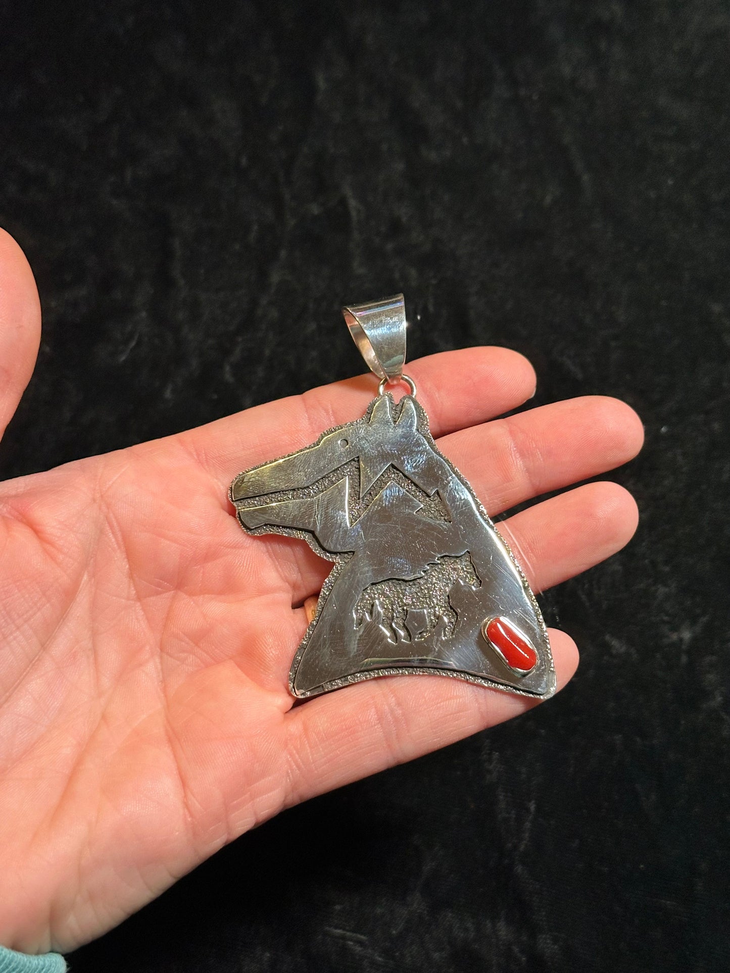 Sterling Silver Horse Head Pendant with Coral Stone with a 13mm Bale by Marie Jackson, Navajo