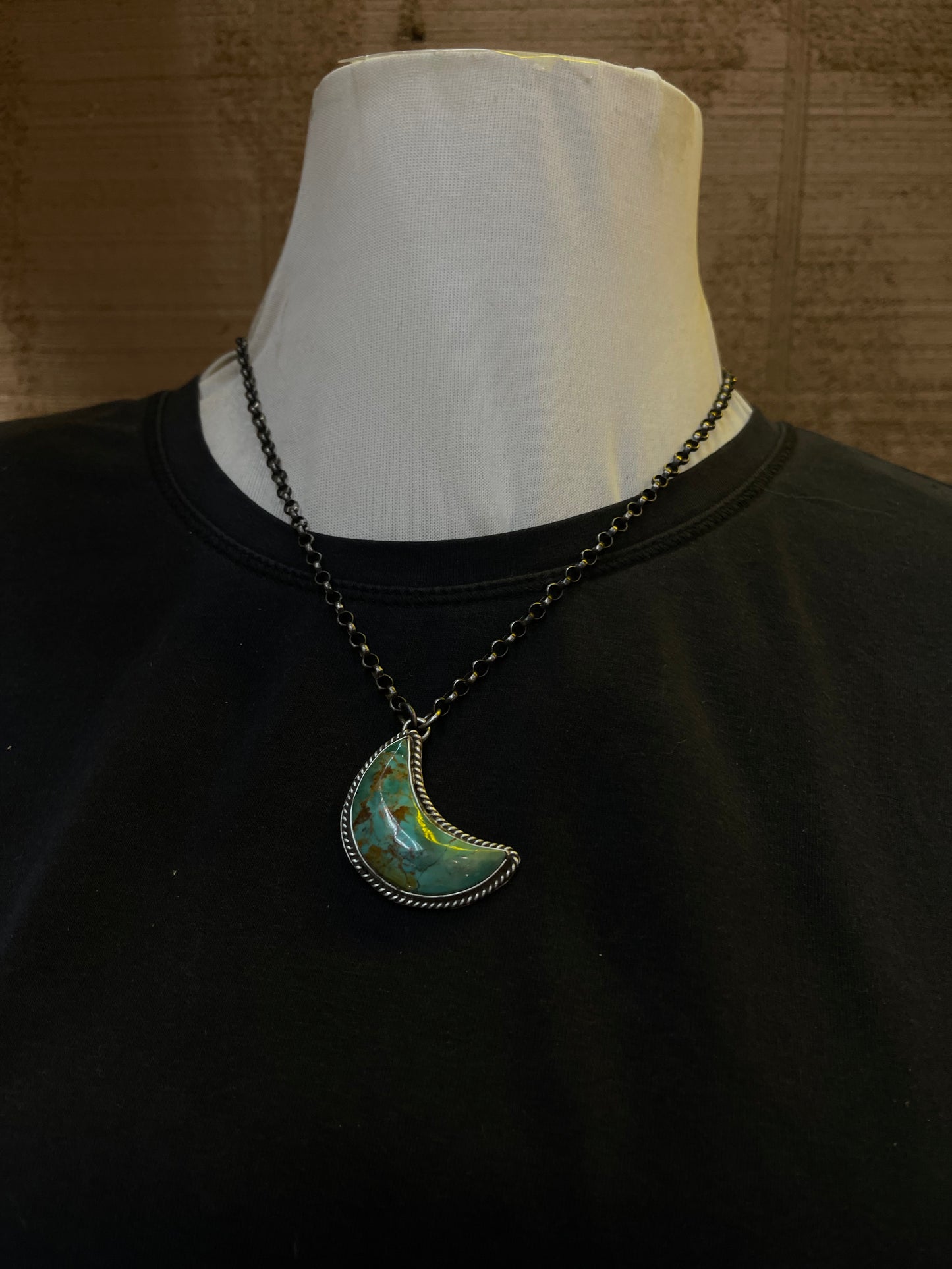 20" Kingman Turquoise Moon Necklace By Leroy James, Navajo