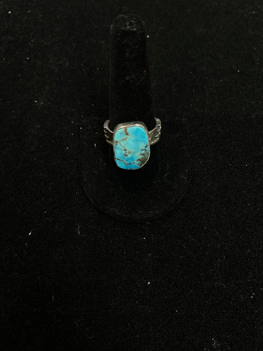 10.5 Kingman Turquoise and Sterling Silver Overlay Band Ring by Marie Jackson, Navajo