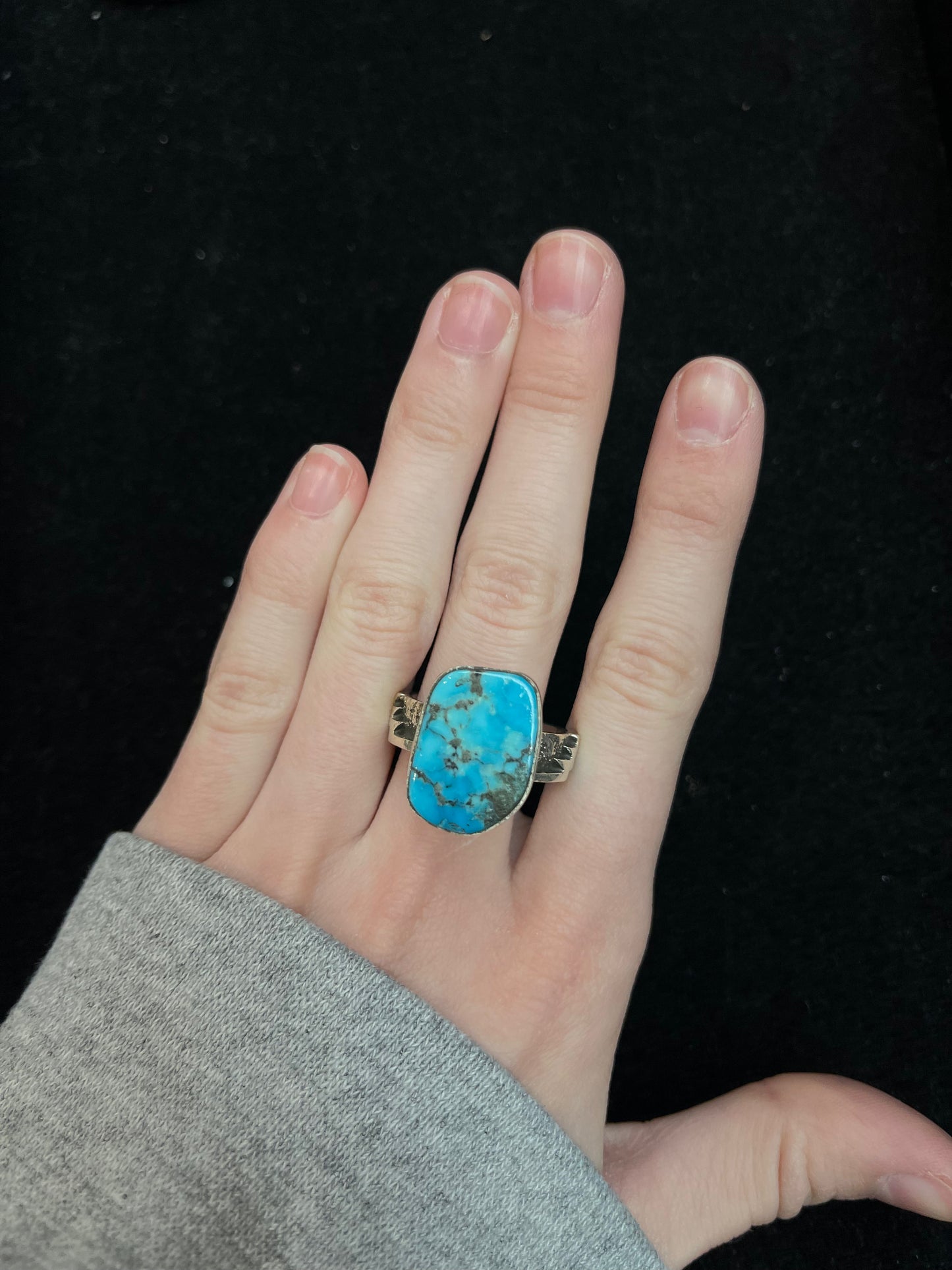 10.5 Kingman Turquoise and Sterling Silver Overlay Band Ring by Marie Jackson, Navajo