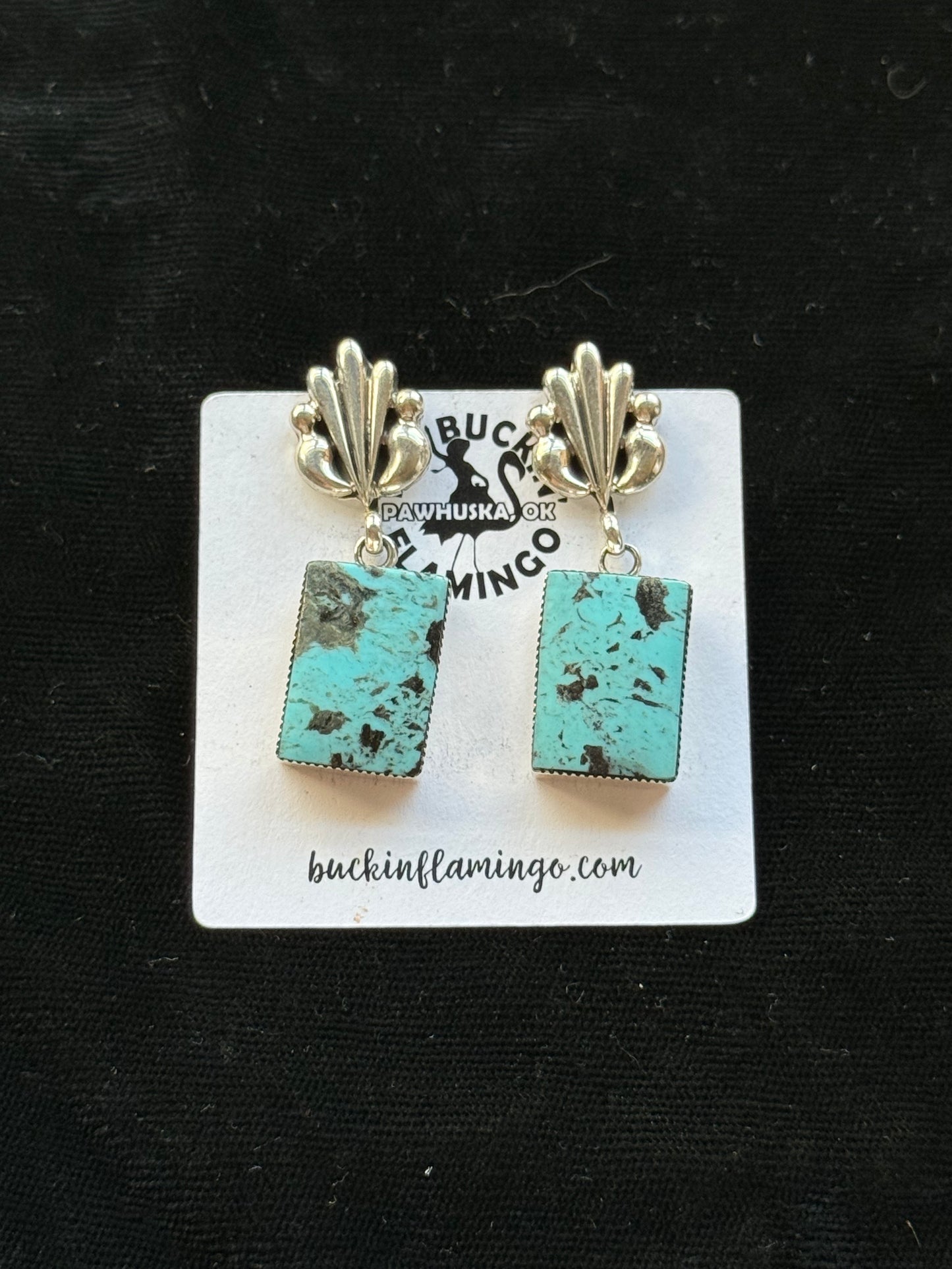 Kingman Turquoise Square Post Dangle Earrings by Sadie Jim, Navajo