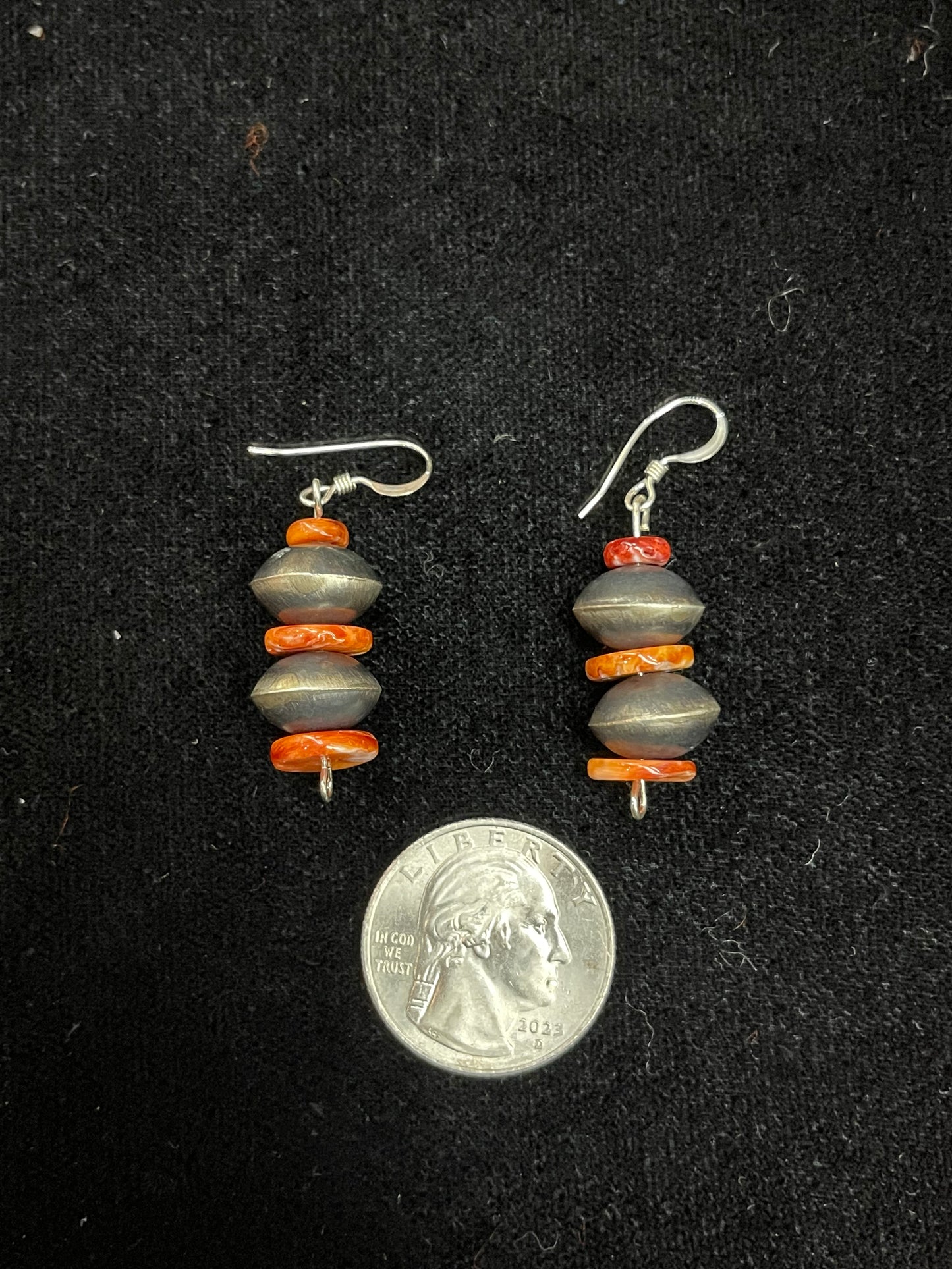 Dangle Earrings with Navajo Pearls and Spiny Oyster by S. Begay, Navajo