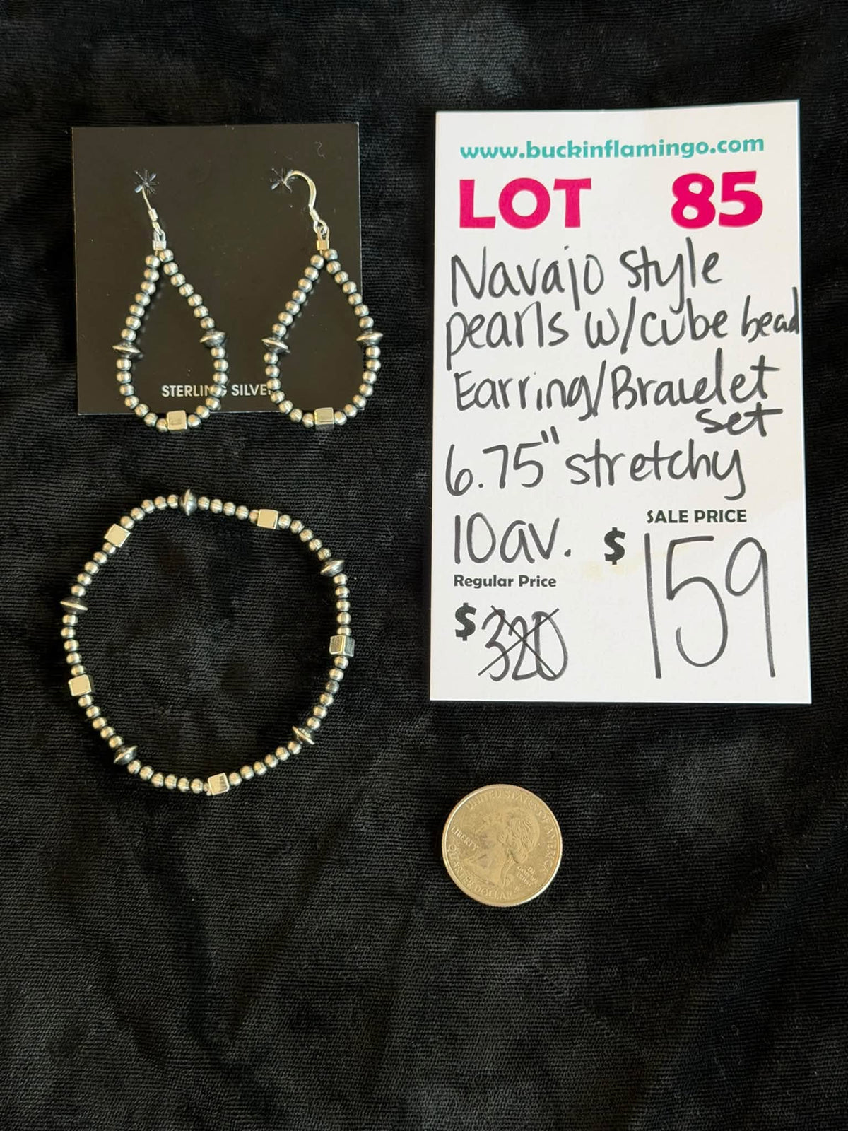 LOT 85 10/18 Navajo Style Pearls W/Cube Bead Earring and Bracelet Set 6.75”+ Stretchy